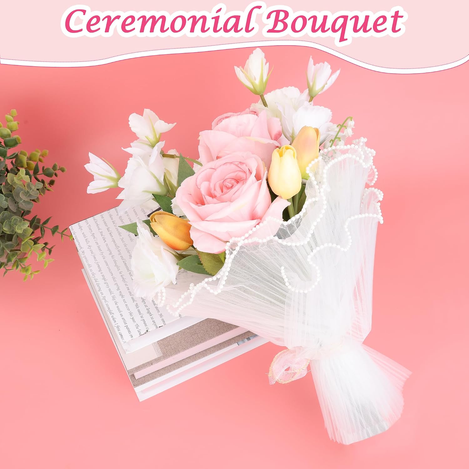 2 Pack 4.37 Yard Pearl Mesh for Bouquets, White & Champagne Pink Flower Wrapping Mesh Paper Premium Floral Mesh Packaging Suitable for Mother's Day & Wedding & Party