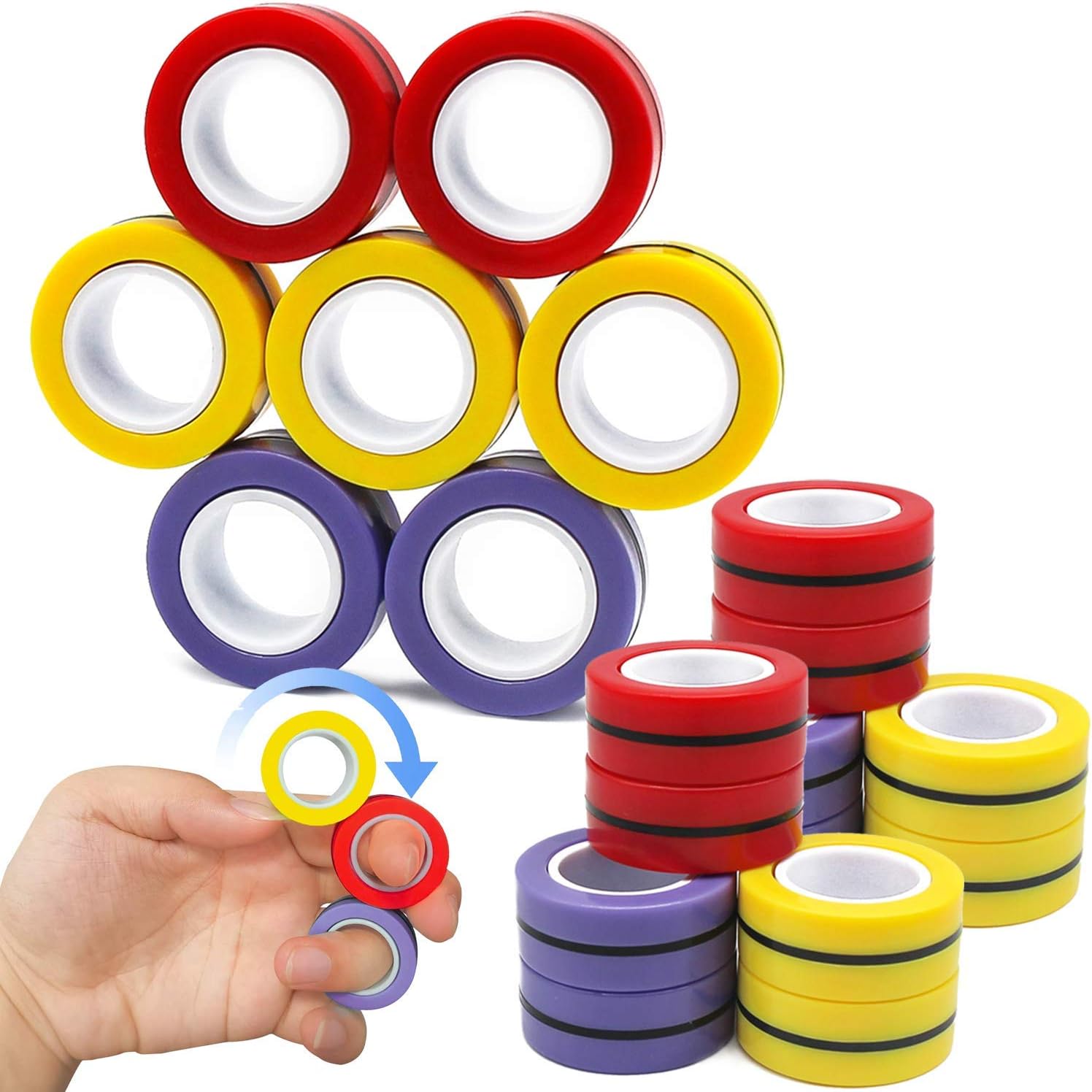 kicko magnetic fidget rings - 18 pack - neon red, yellow, purple - bulk magic spinning sensory toy for kids, boy or girl, birthday party, classroom, learning motor skills, colorful focus game