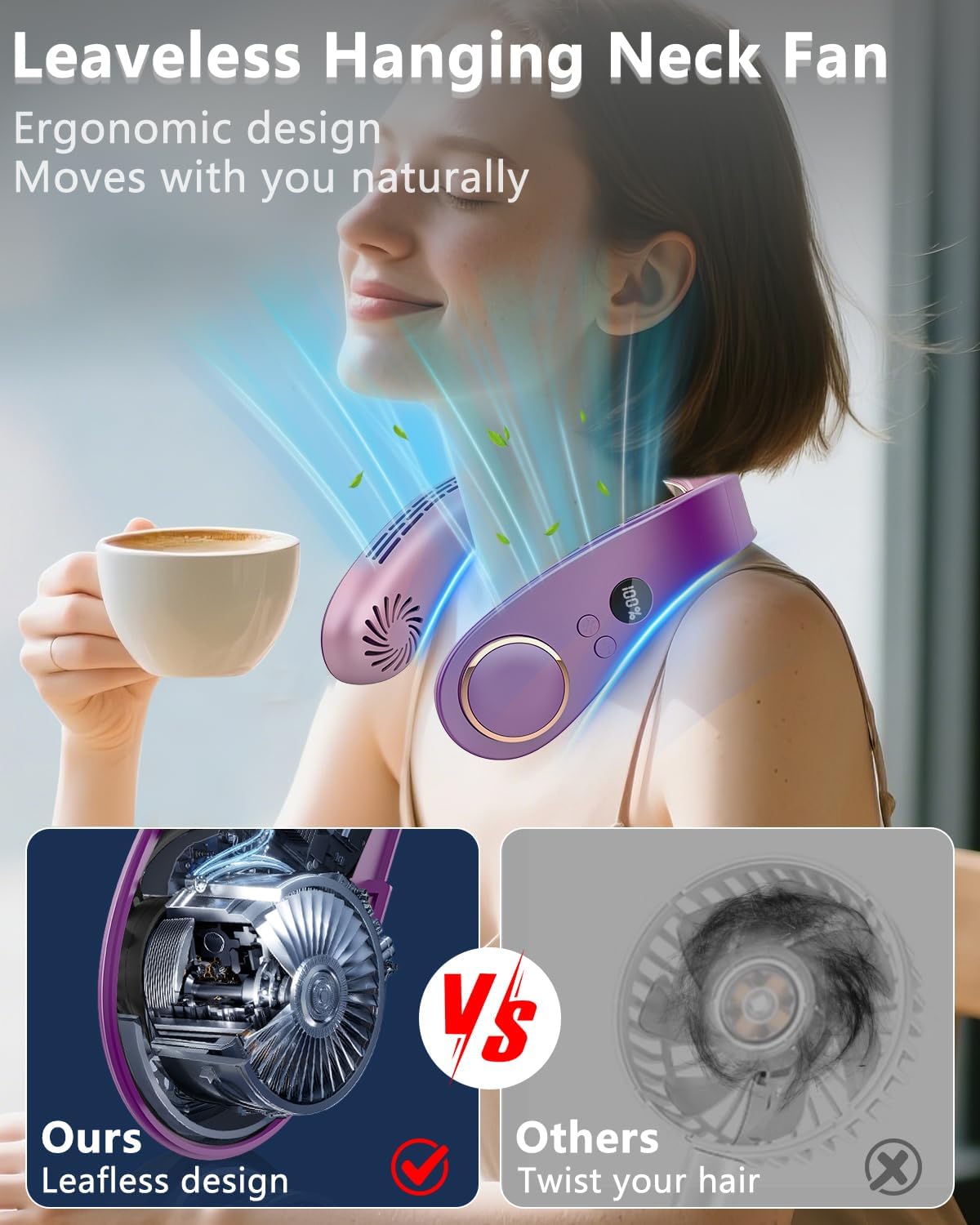 Neck Fan Air Conditioner,Cute Neck Cooling Fan with Metal Cool Plates,Quiet Wear around the Neck Fan,Headphones Long Life Neckband Unit Menopause Fan for Hot Flash Outside Outdoor Indoor Purple