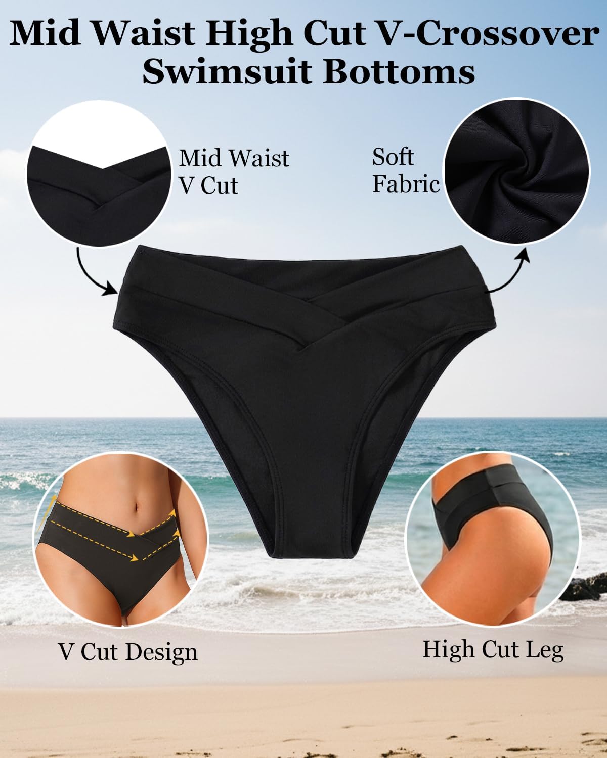 Daci Women V Cut Bikini Bottoms - Mid Waist Cheeky Swim Bottoms High Cut Bathing Suit Bottoms