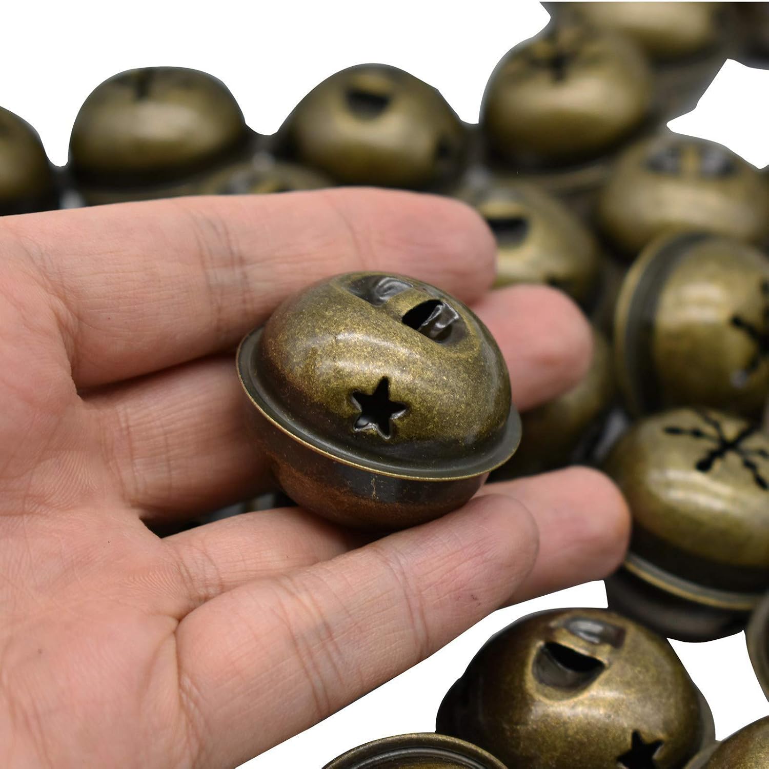 Maydahui 30 PCS Bronze Jingle Bells 1.34 Inches Star with Snowflakes Design Small Elliptical Antique Brass Bell for Crafts Christmas Decor