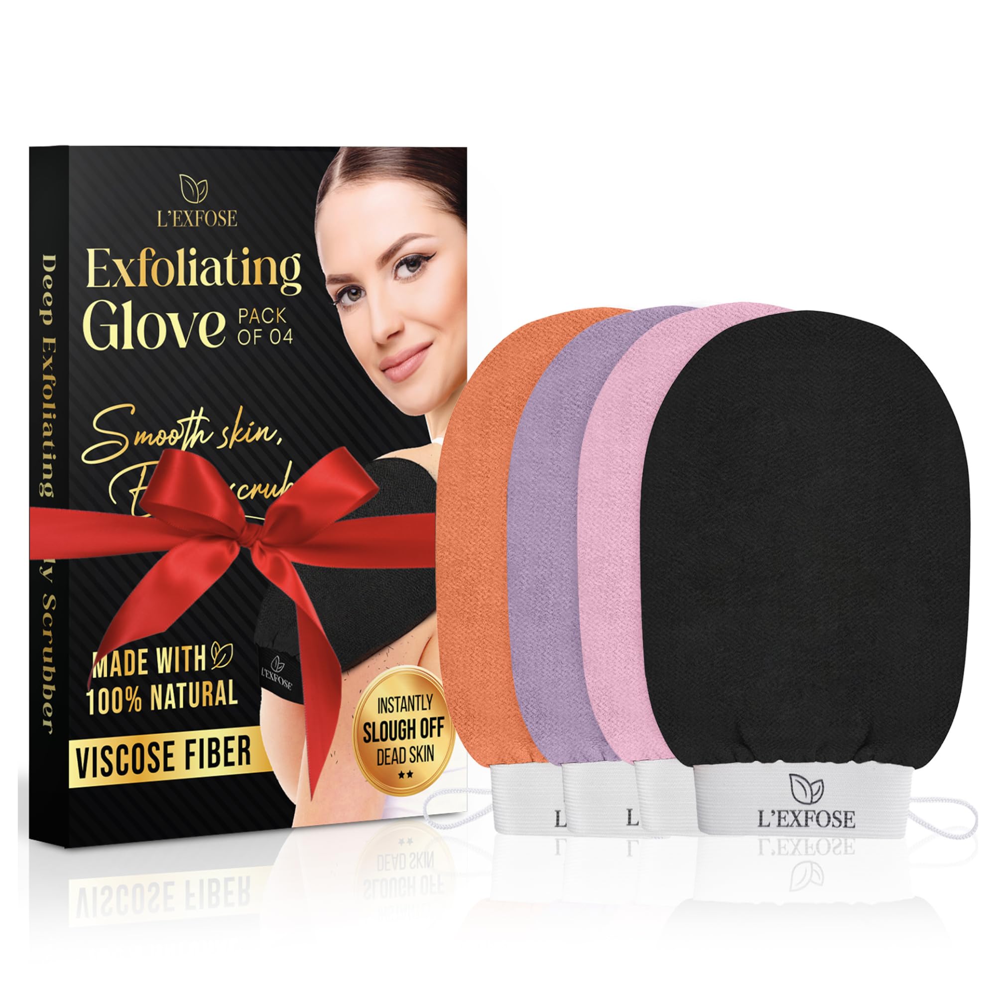 L'Exfose Kessa Hammam Deep Exfoliating Glove 4pc - Korean Exfoliating Mitt for Shower Ideal for Dead Skin Remover, Keratosis Pilaris & Self-Tanning to Improve Skin Tone Made with 100% Natural Viscose