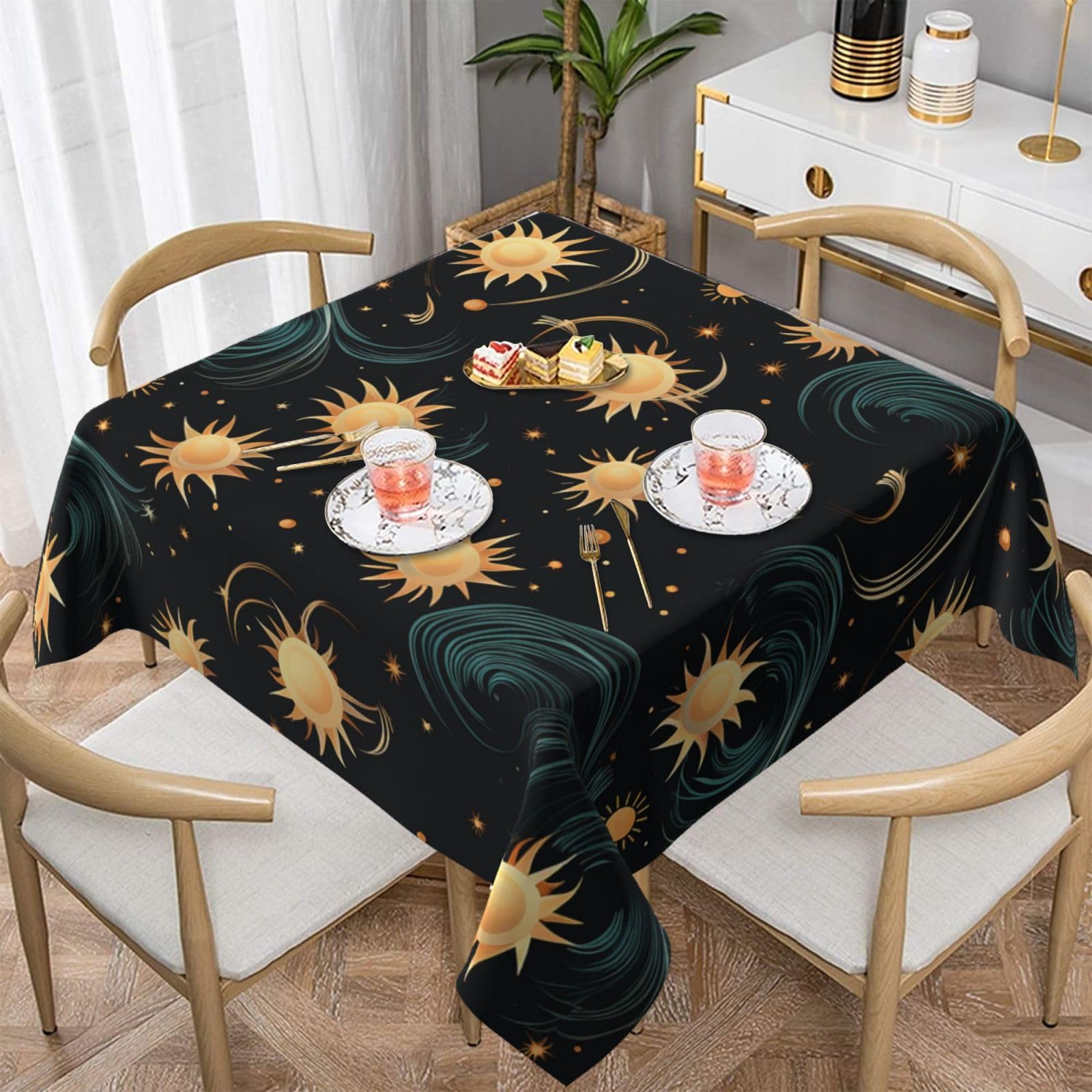 Nappe de cuisine lavable carrée motif soleil 152 cm anti-pli contre les taches de fête