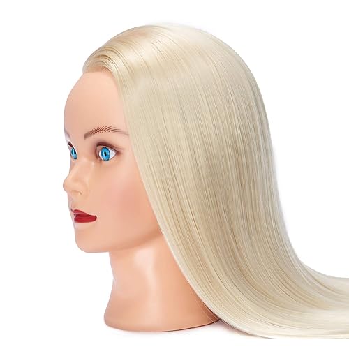 Miniatura 8 de Training Head - Cabeza de maniquí de 26-28 pulgadas con cabello de fibra sintética, modelo de entrenamiento para peluquería y cosmetología, pinza