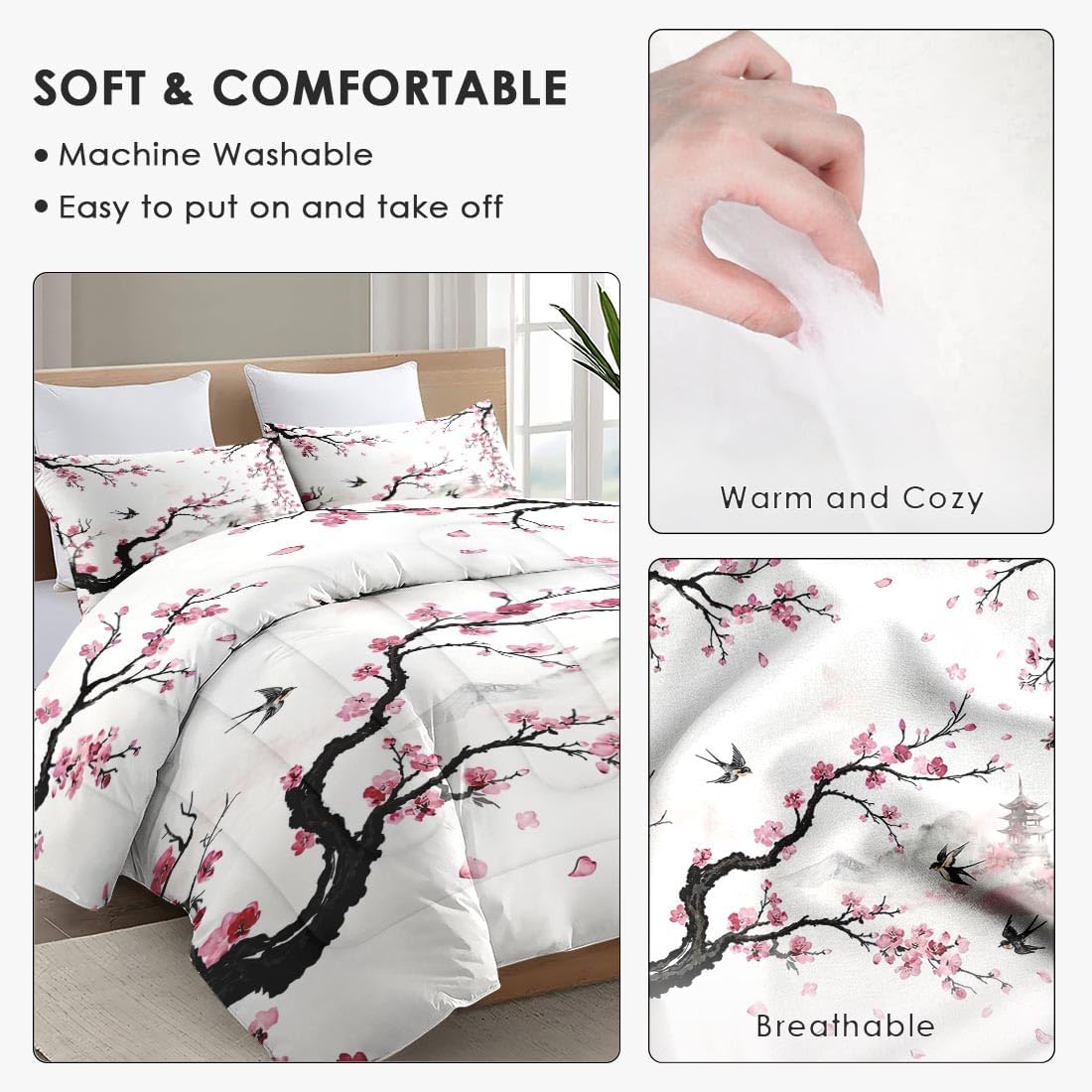 Full Comforter Set, 3 Pieces Pink Floral Bedding Set | Spring Bird Cherry Blossom Soft Comforter with 2 Pillowcases for Kids and Adults Room Bedroom Bed Decor