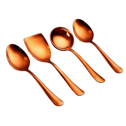 IKIGAI Stainless Steel Rose Gold Serving Tools 4 Piece Nonstick Set. Heavy Gauge 1 Soup Ladle (Karchi), 2 Solid Spoon (Chamcha) and 1 Rice Spoon for Serving Soup/Curry/dal/Rice/Pasta.