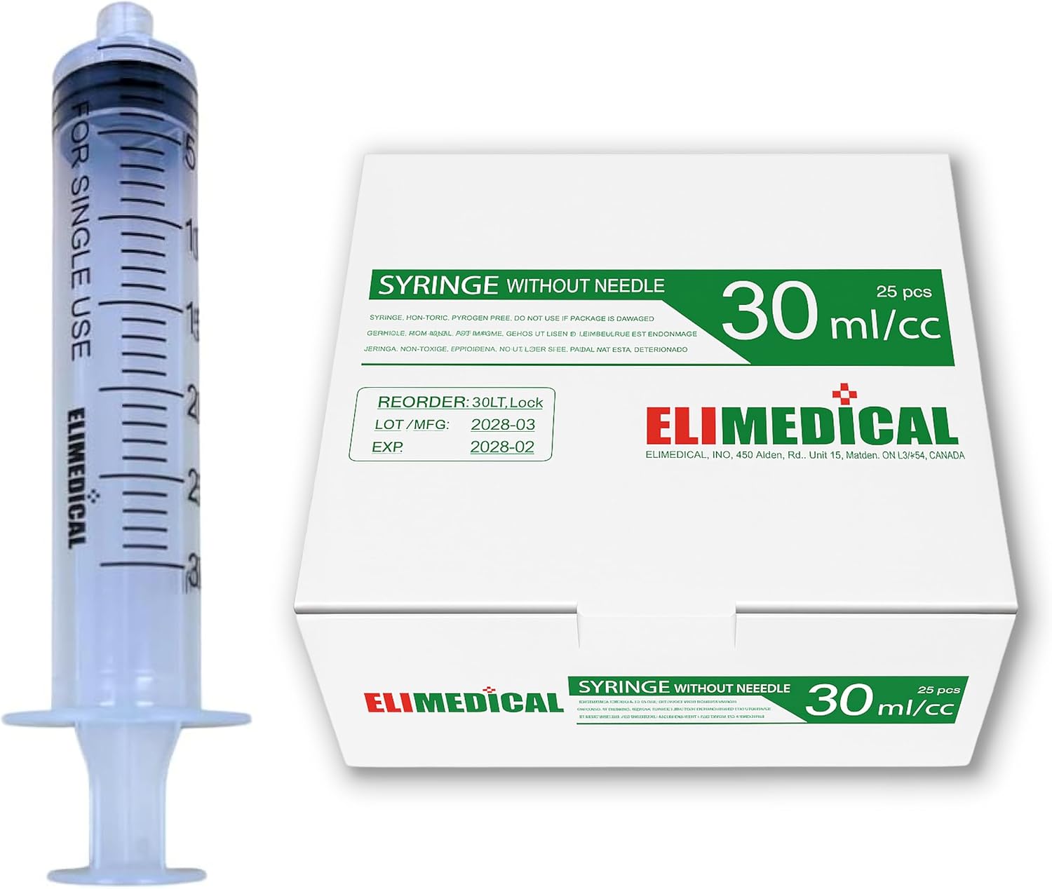 Elimedical Veterinary Disposable Syringe, 30cc Luer Lock, Without Needle, Individually Packaged, 25 per box, 30LT
