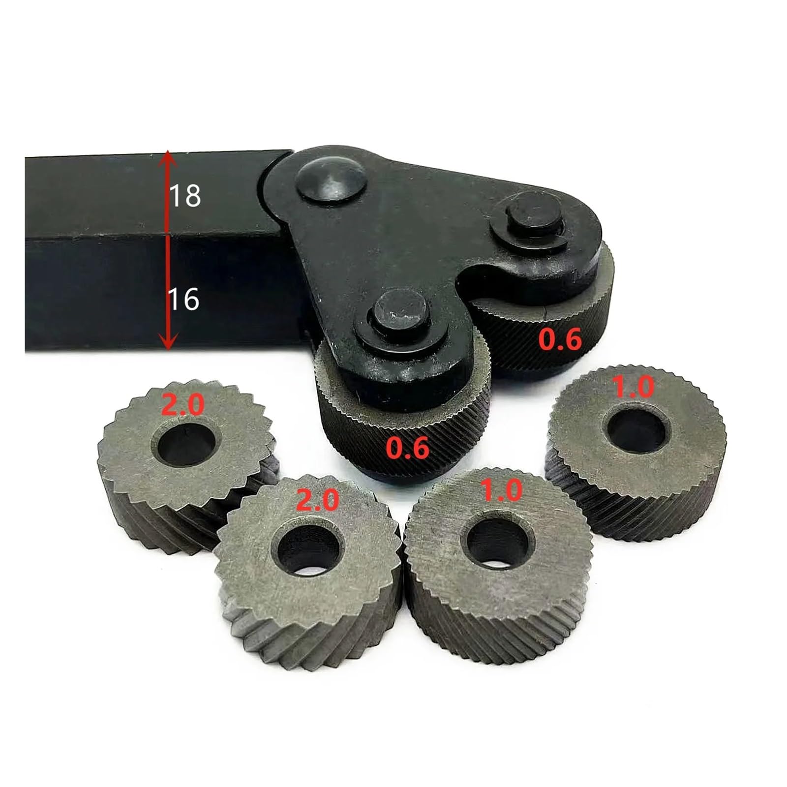 Narzędzie do radełkowania, Zestaw 7 kółek radełkowanych HSS z otworem wewnętrznym 0,6/1/2,0 mm i stalowym uchwytem do tokarki 16 mm x 18 mm