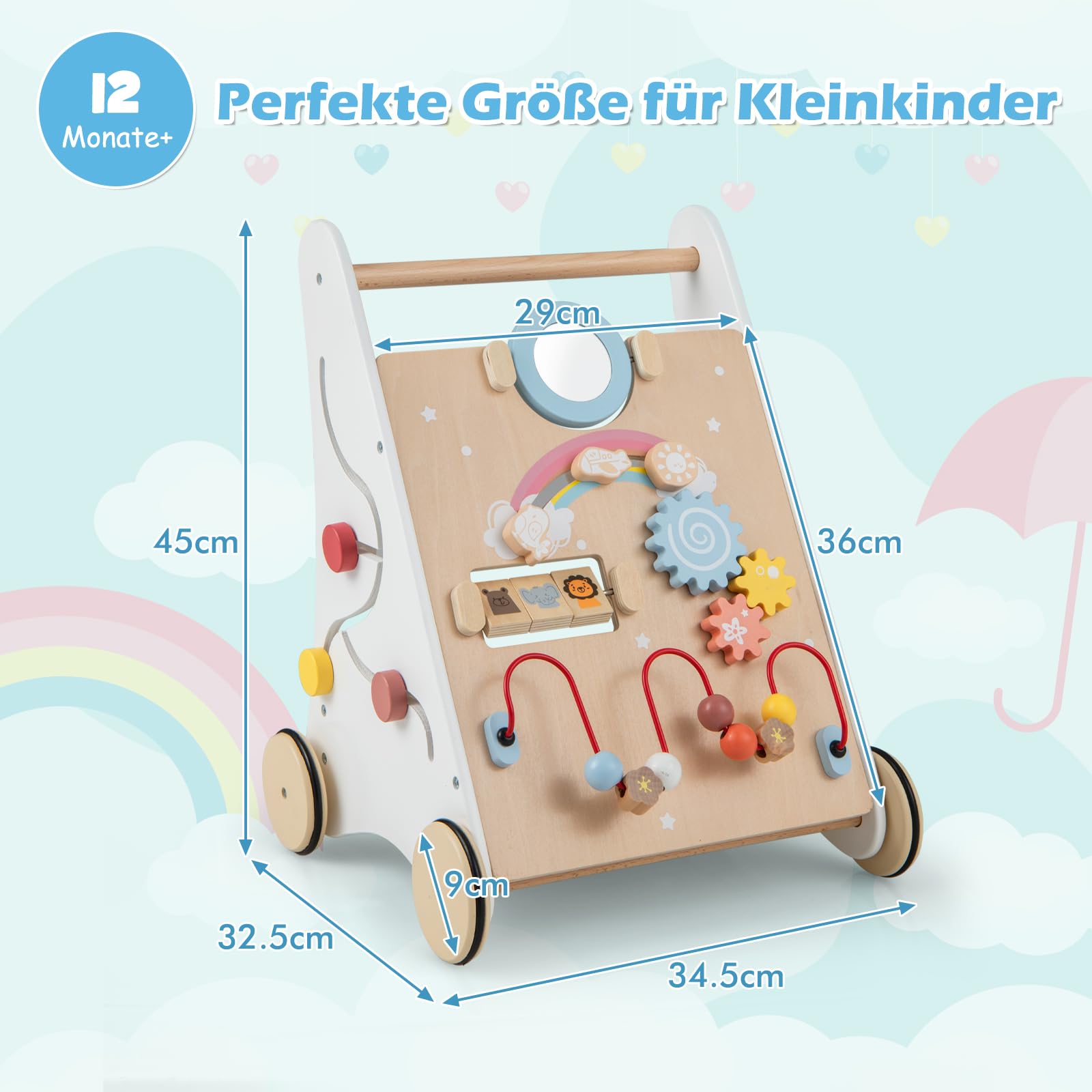 GOPLUS Stabile Lauflernhilfe aus Holz, Multifunktionaler Lauflernwagen mit mehreren Spieleinstellungen & Ablage, Lernspielzeug Gehhilfe mit Gummirädern & Griff, für Kinder ab 3 Jahren Alt (Modell 4)