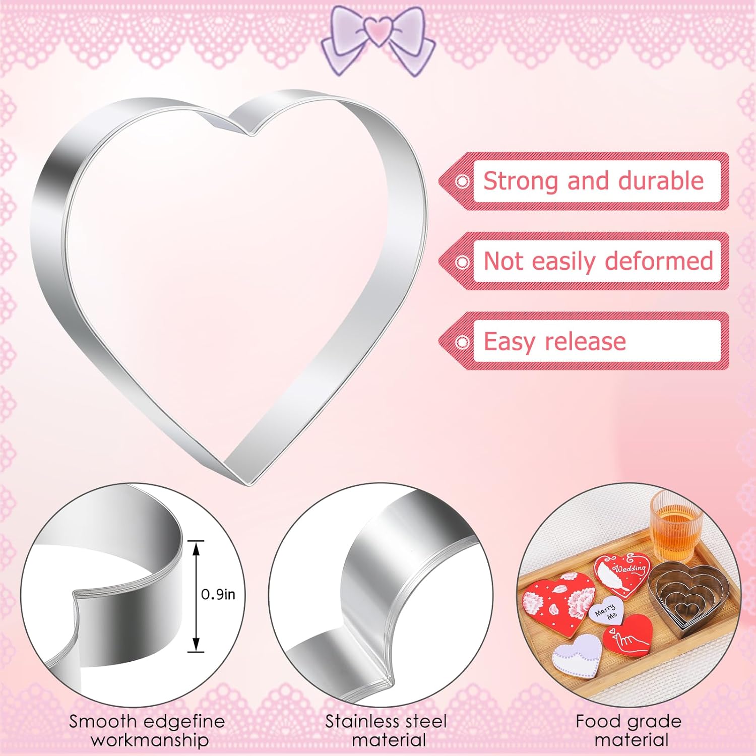 5-Piece Stainless Steel Heart Cookie Cutter Set - Valentine's Day, Birthday, Wedding Baking Tools (5 Sizes: 1.18" to 4.21") - Dishwasher Safe with Gift Box - Image 3