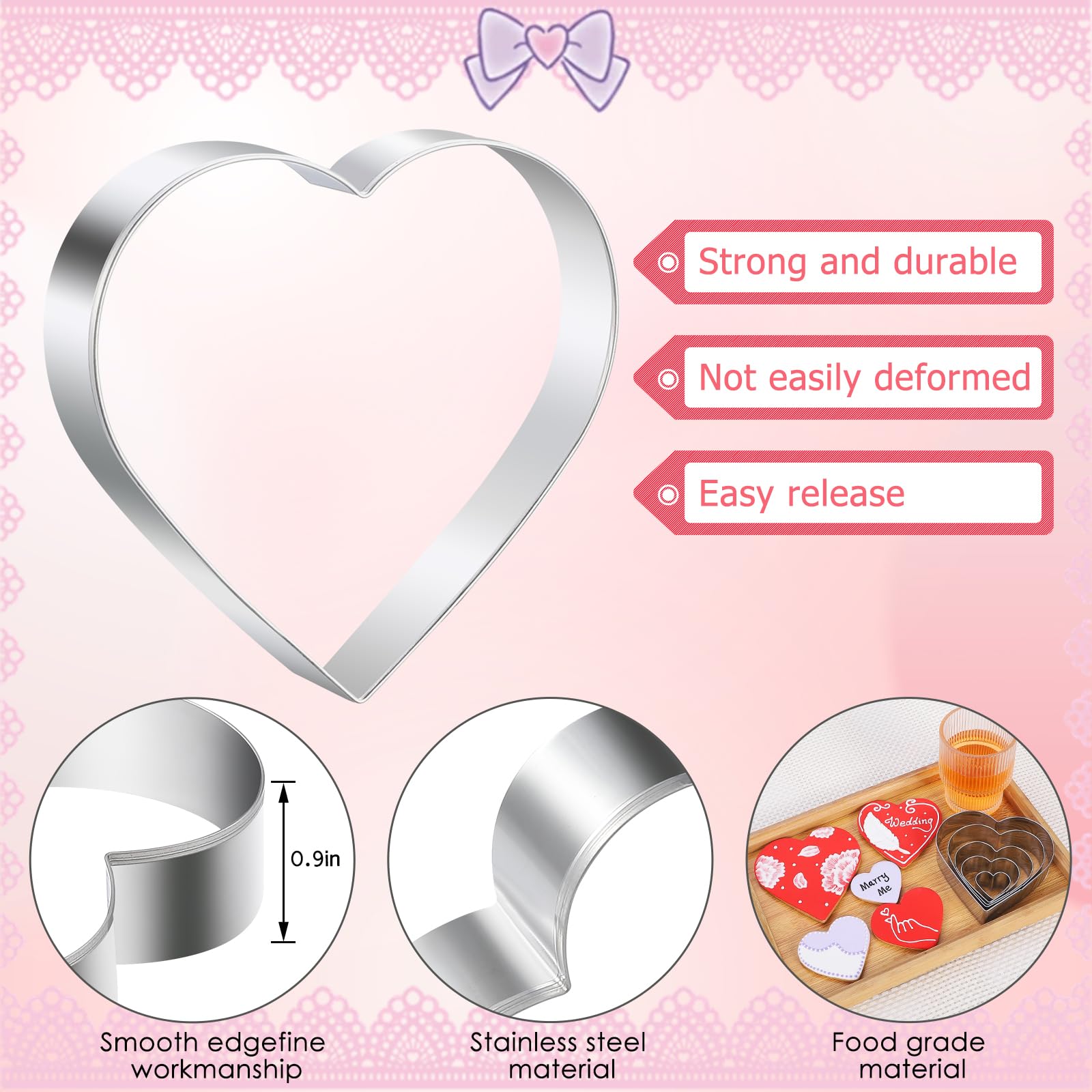 Juego de 5 cortadores de galletas en forma de corazón para el día de San Valentín, vacaciones, fiesta de cumpleaños, acero inoxidable (4.2 pulgadas, 3.4 pulgadas, 2.65 pulgadas, 1.97 pulgadas, 1.2