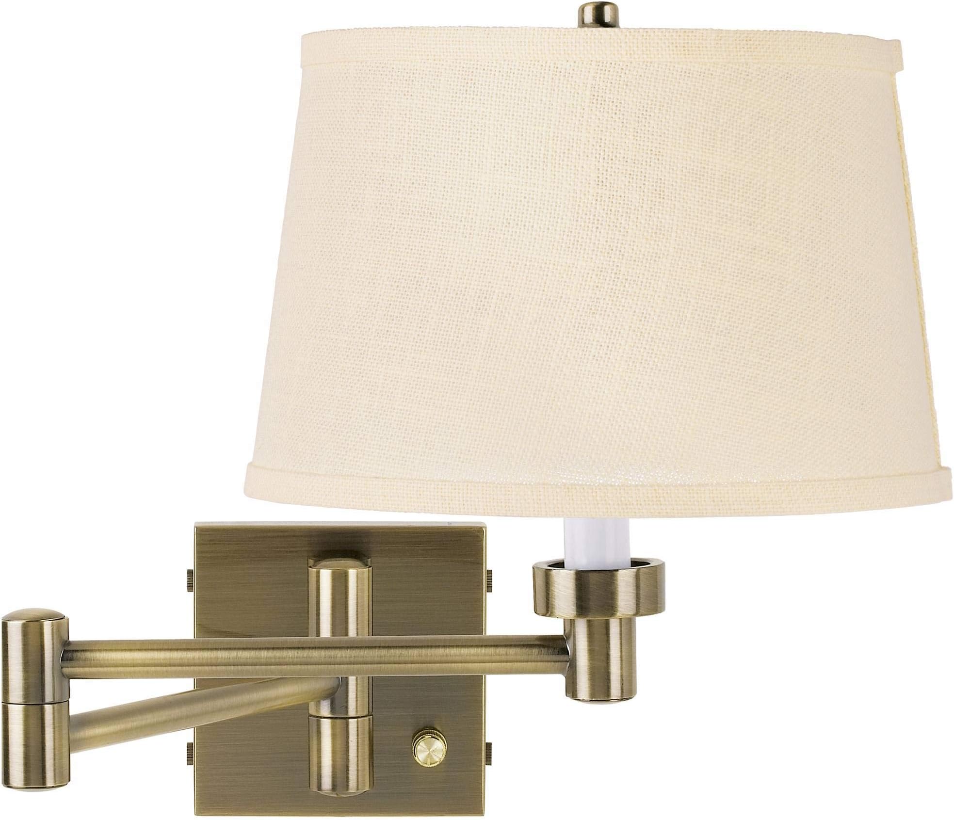 Barnes and Ivy Modern Indoor Swing Arm Wall Mount Lamp Antique Brass Plug-in Light Fixture Dimmable Cream Burlap Drum Shade for Bedroom Bedside House Reading Living Room Home Hallway Dining