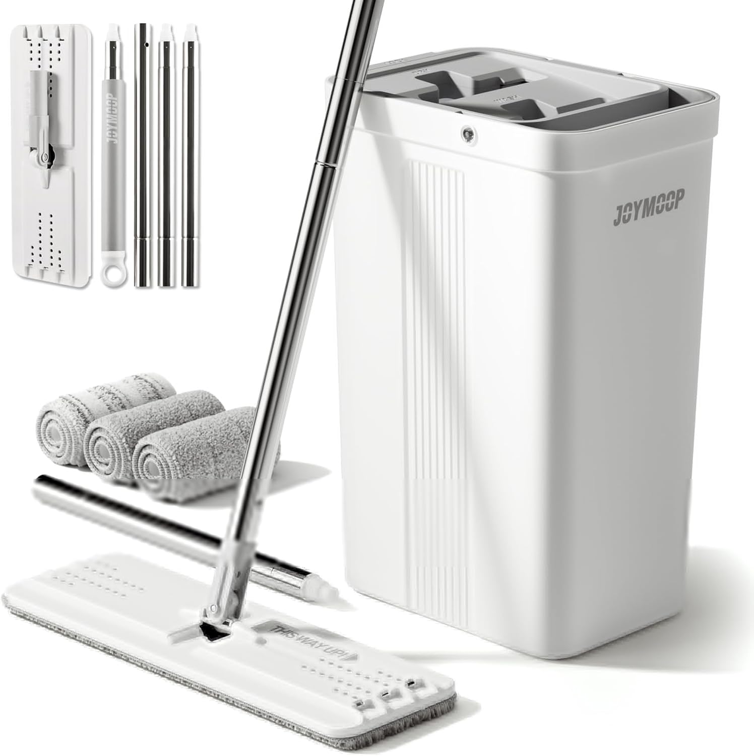 JOYMOOP Mops and Bucket with Wringer Set with 61" Mop Handle with Flexible 13" Flat Head with Flat Mop