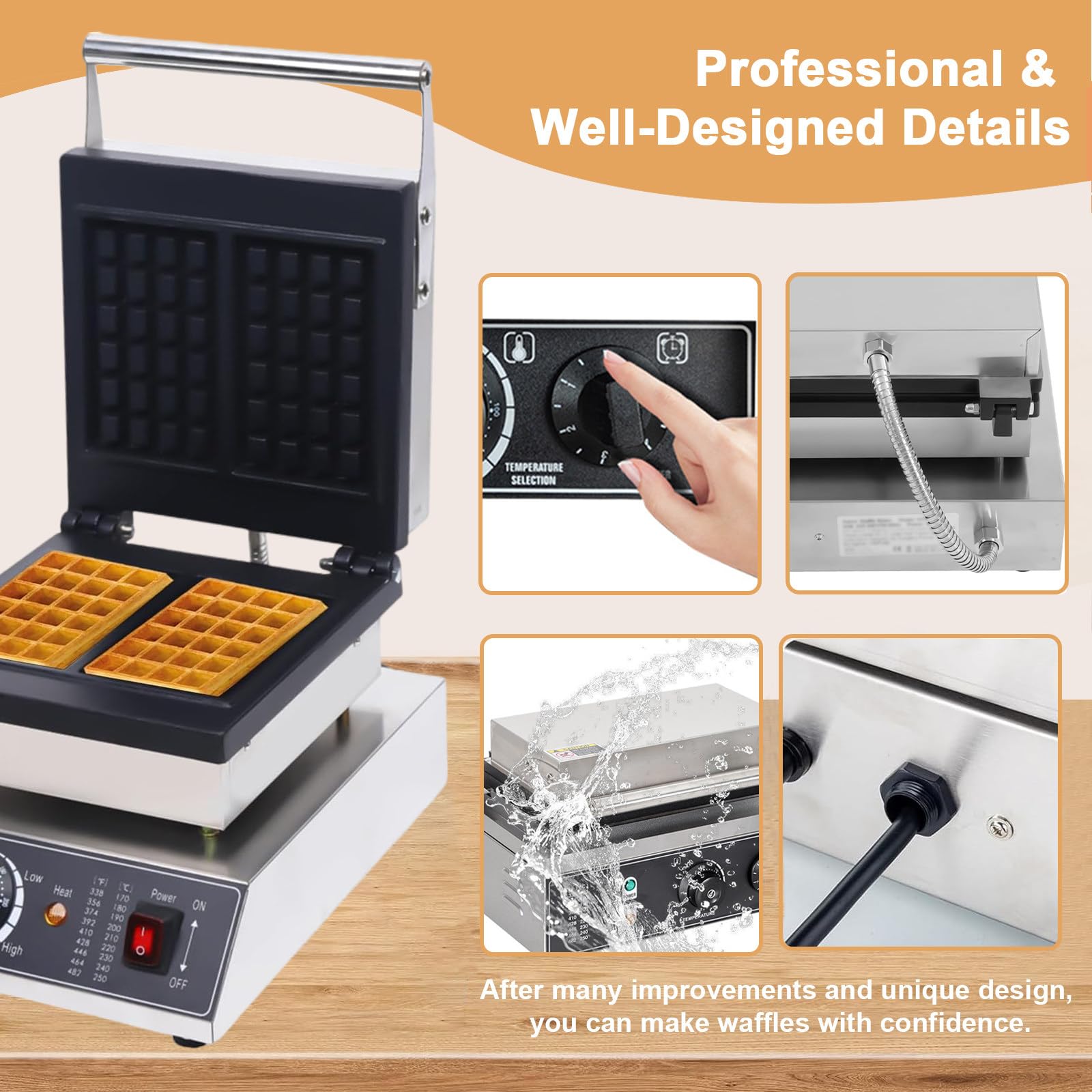 Waflera De Acero Inoxidable De Alta Resistencia | Placas De Calentamiento Dobles Comerciales con Control Giratorio | Ideal para Catering, Hoteles, Desayunos Y Postres Caseros,2-Slice