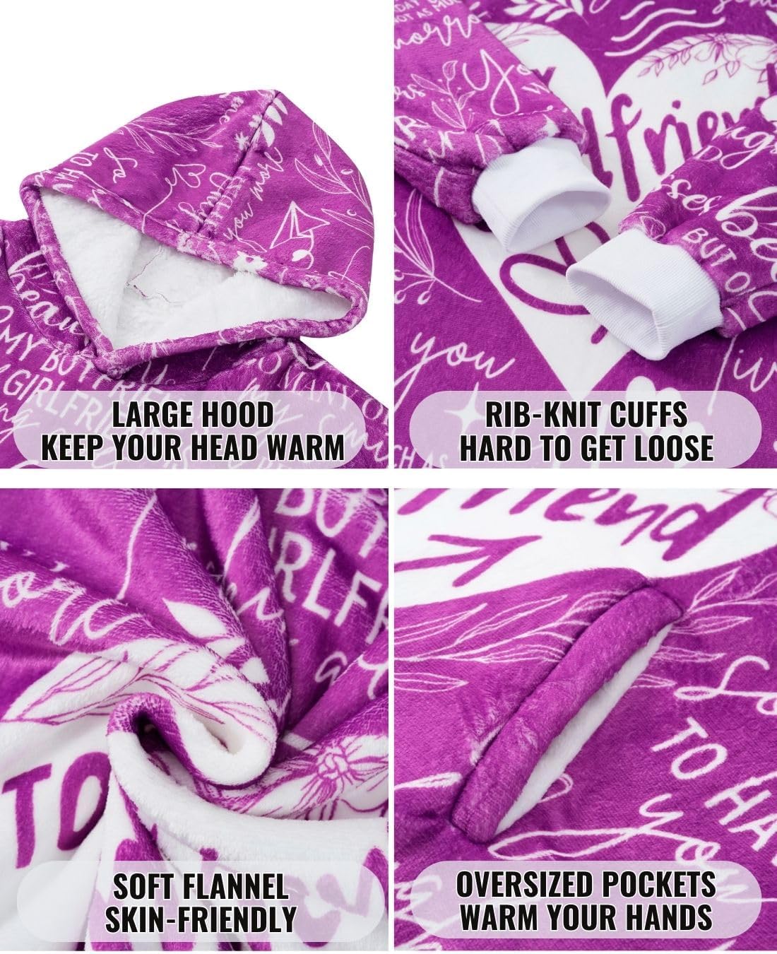 Girlfriend Gifts Blanket Hoodie for Girlfriend on Valentines Day, Wearable Blanket Hoodie, Oversized Flannel Hooded Blanket, Plush, Cozy, Warm, One Size-Purple Heart