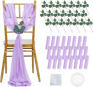 FUHSY Lavender Wedding Chair Sashes Chair Bows 24 Pack 8FT Long Sheer Tulle Chairs Sashes Covers Bulk Aisle Decorations for Wedding Ceremony Banquet Church Chairs Covers Bows Outdoor Decor