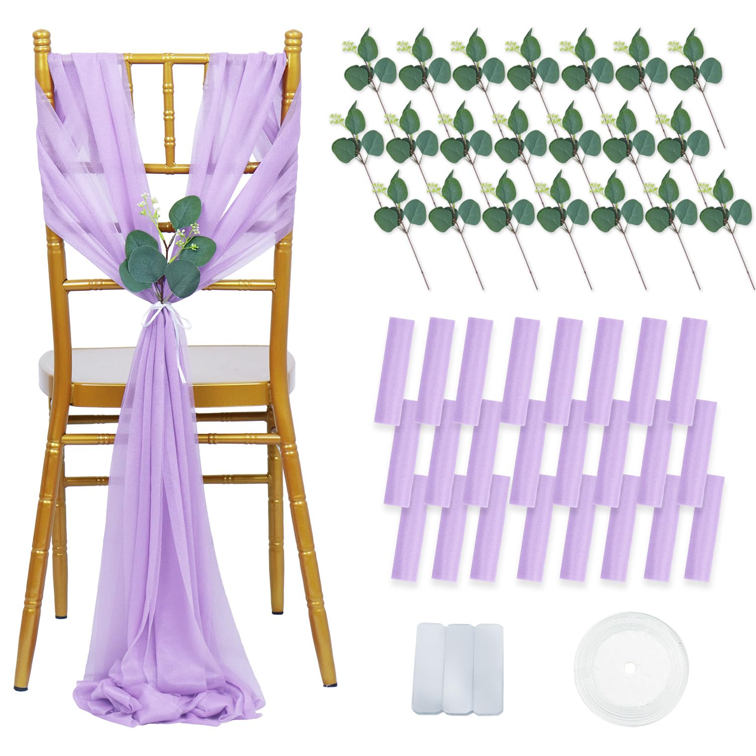 FUHSY Lavender Wedding Chair Sashes Chair Bows 24 Pack 8FT Long Sheer Tulle Chairs Sashes Covers Bulk Aisle Decorations for Wedding Ceremony Banquet Church Chairs Covers Bows Outdoor Decor