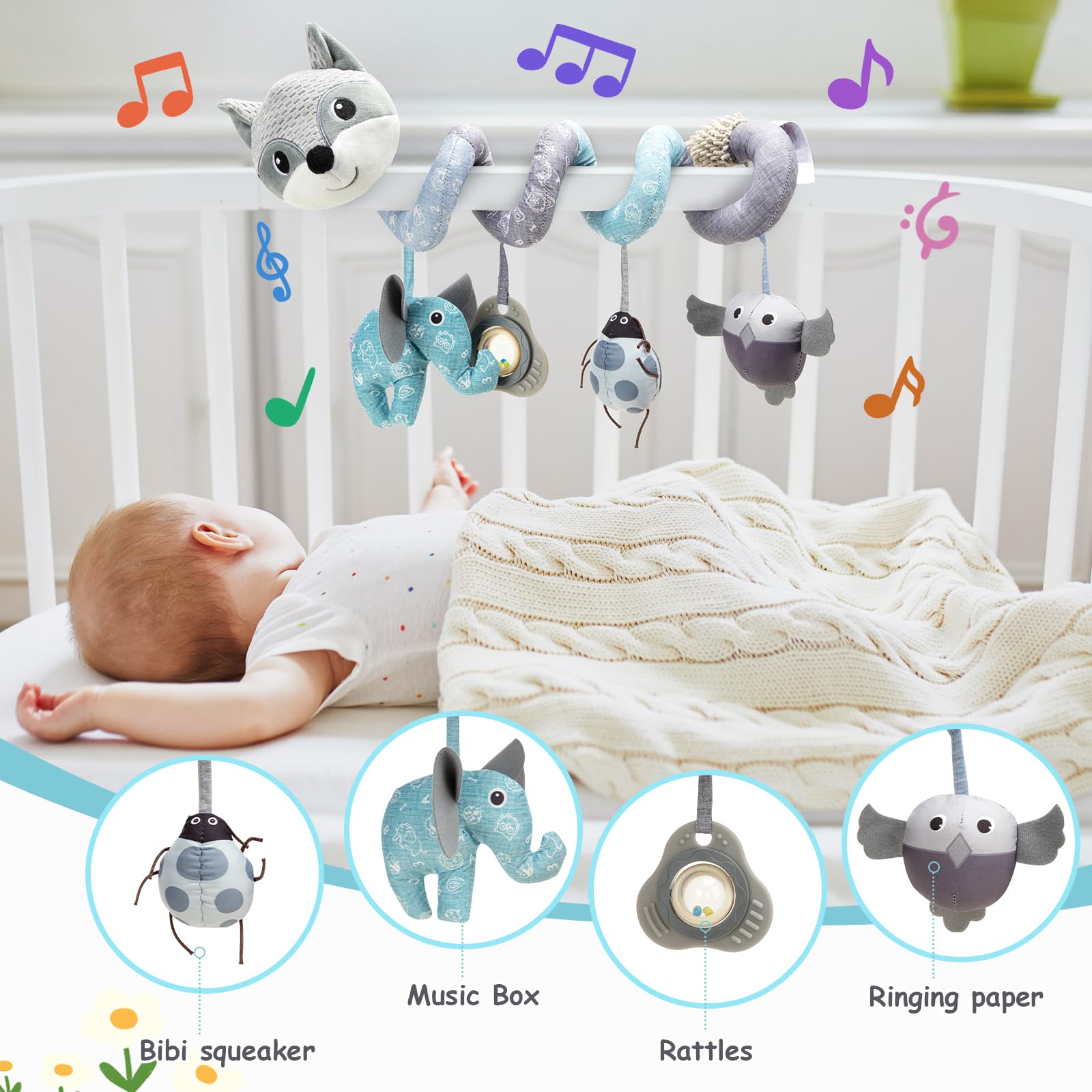 Funsland Giocattolo a Spirale Passeggino Neonato - Giochi Passeggino Neonati Regalo per 0 3 6 Mesi, Peluche Giocattolo a Spirale con Musica per Culla Neonato/Seggiolino Auto, Volpe Grigio