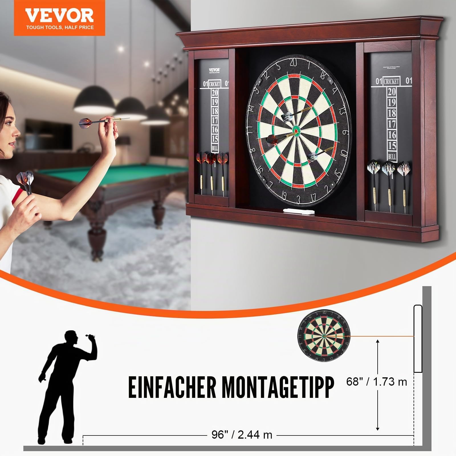 VEVOR Dartboard spielbereites Paket, Dartboard-Schrankset in offizieller Größe, Dartscheibe 45 x 3,8 cm, Dartschrank mit Stahlspitze, komplett mit sämtlichem Zubehör, für Cricket-Spiele