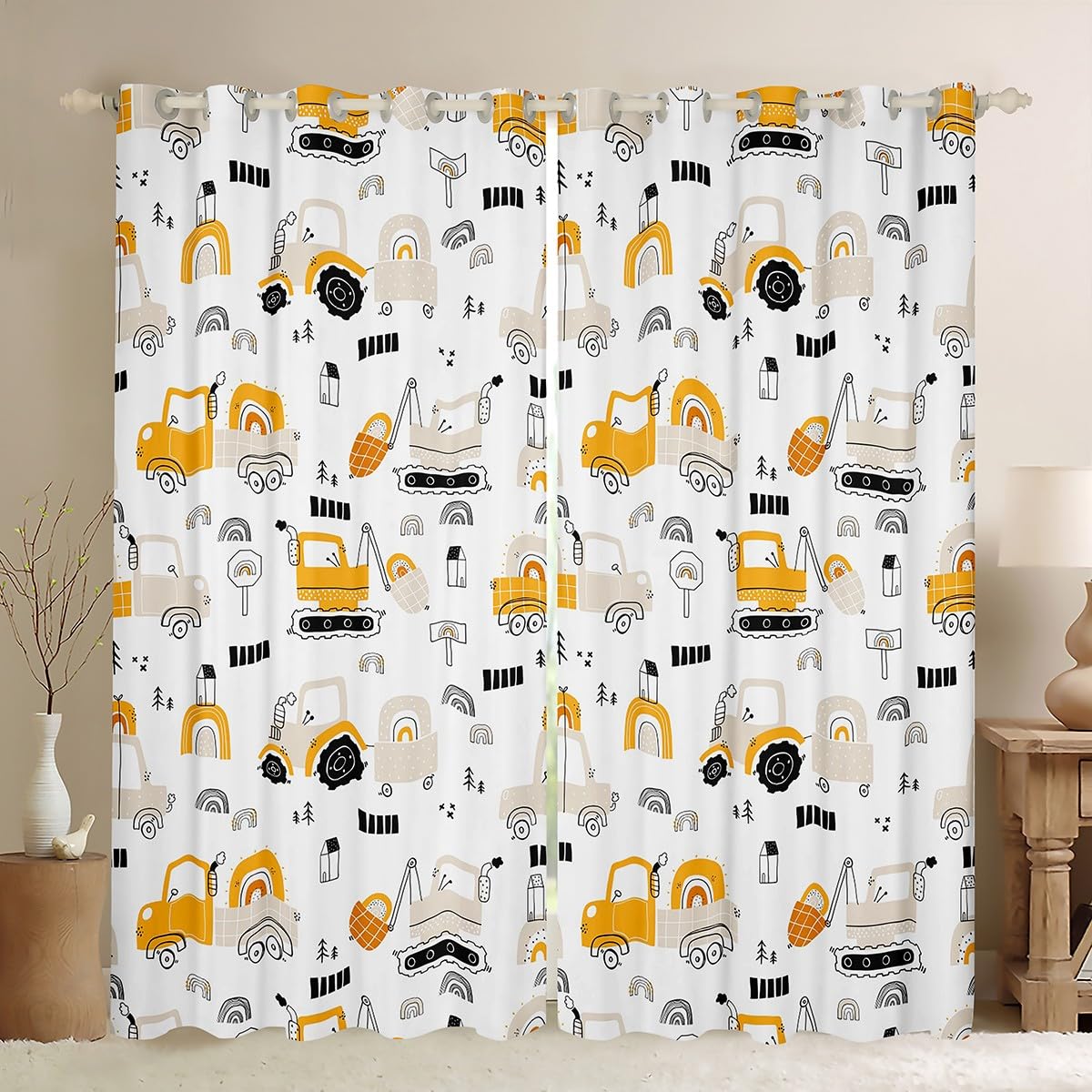 Homemissing Excavator Curtains for Bedroom Living Room Kids Construction Vehicles Blackout Curtains Boys Cartoon Car Rainbow Darkening Dreapes Equipment Trucks Window Treatments Yellow W66*L72
