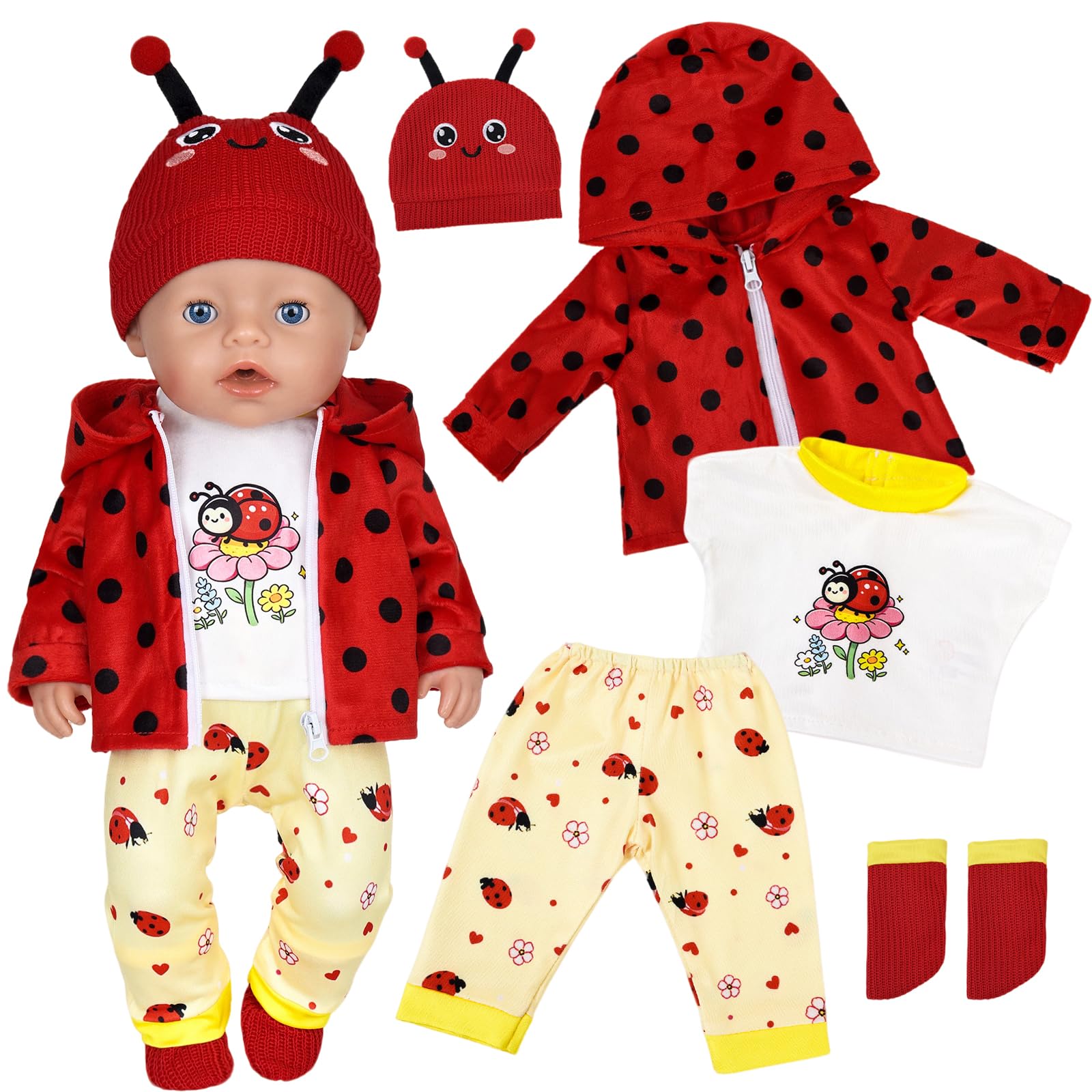 5 Pcs Baby Doll Clothes Ladybird for 14-17 Inch Dolls, Cute Dolls Clothes with Red Polka Dots Jacket Short-sleeved Top Trousers Hat Socks for 35-45 cm Doll, Baby Doll Accessories Girls Birthday Gift
