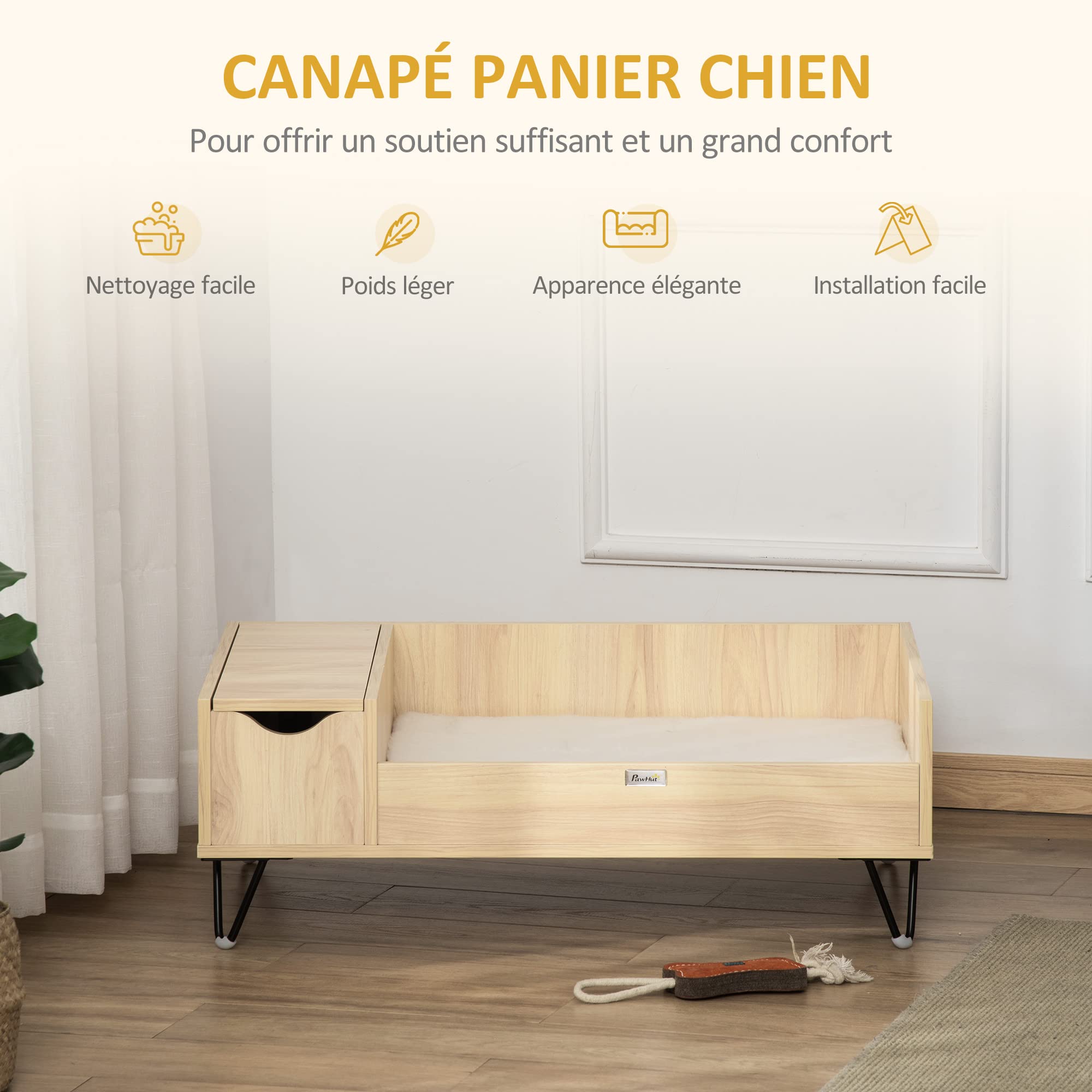 PawHut Canapé lit Panier surélevé pour Chien et Chat avec Coussin Moelleux et Rangement Housse Lavable, Pieds en Acier Aspect Bois Clair
