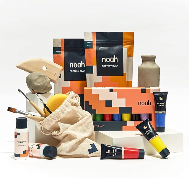 noah Pottery Kit for Beginners - Set Includes Air Dry Clay, Tool Kit and Acrylic Paints - Craft Set (White Clay/Primary Paint)