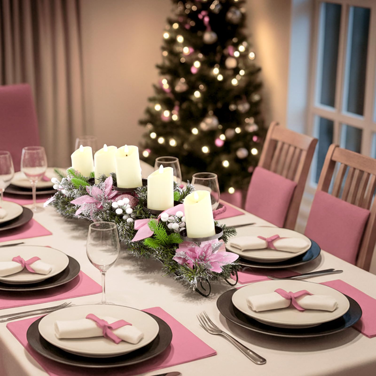 Yungyan Centre de table de Noël de 76,2 cm, comprend 5 bougeoirs LED à piles, des fleurs de poinsettia roses, un nœud rose, des pommes de pin et une base, décorations de table artificielles de Noël