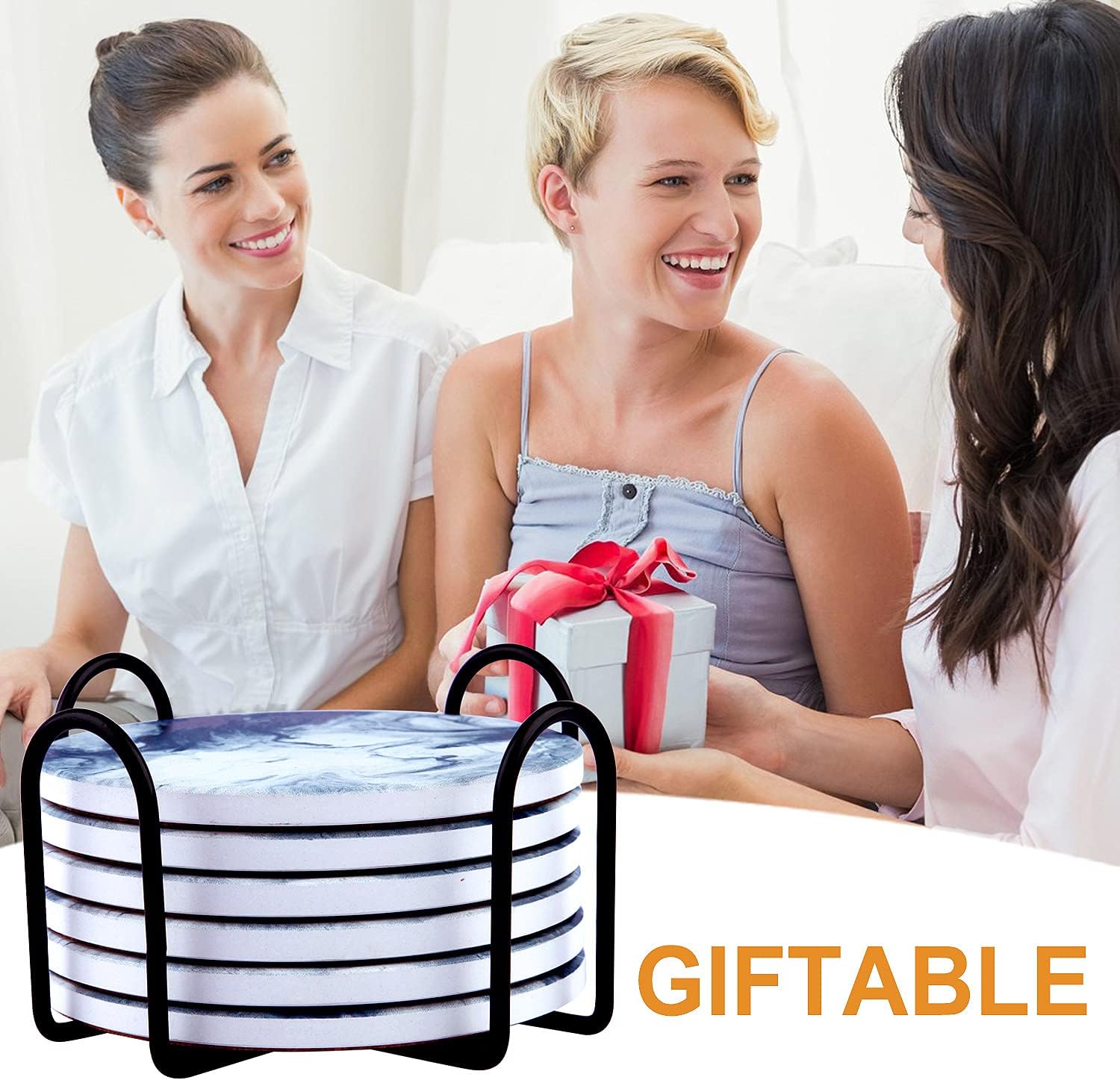 Blue Coasters for Drinks Marble Style,Absorbent Ceramic Coaster with Metal Holder Stand,House Warming Gifts Decor Set of 6 with Cork Base for Wooden Table - Image 7