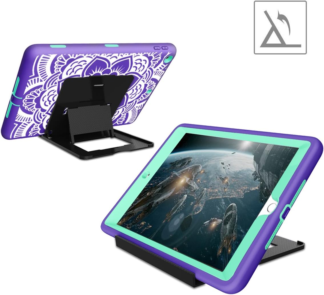 iPad 5th/6th Generation Case, Hocase Heavy Duty Shock Absorbent Rubber+Hard Plastic Dual Layer Protective Case w/Mandala Floral Print and Kickstand for iPad 9.7 2018/2017 - Purple/Teal