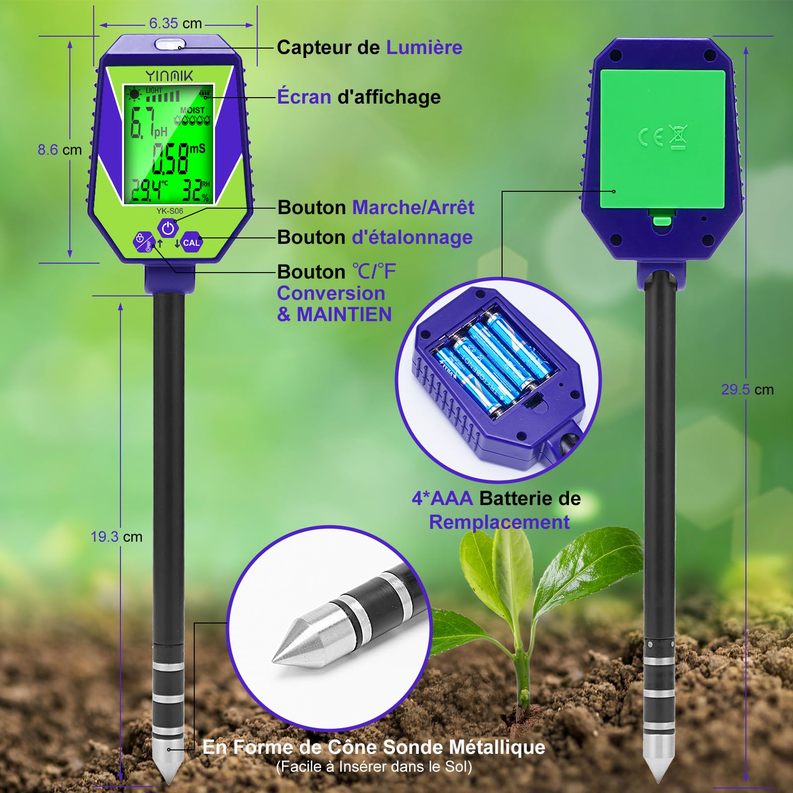 YINMIK Testeur de pH du Sol 6 en 1, Testeur D'humidité du Sol Intelligent, pH EC Salt Tester for Soil & Water Meter,kit de Test de pH du Sol pour Jardin, Ferme, bonsaï