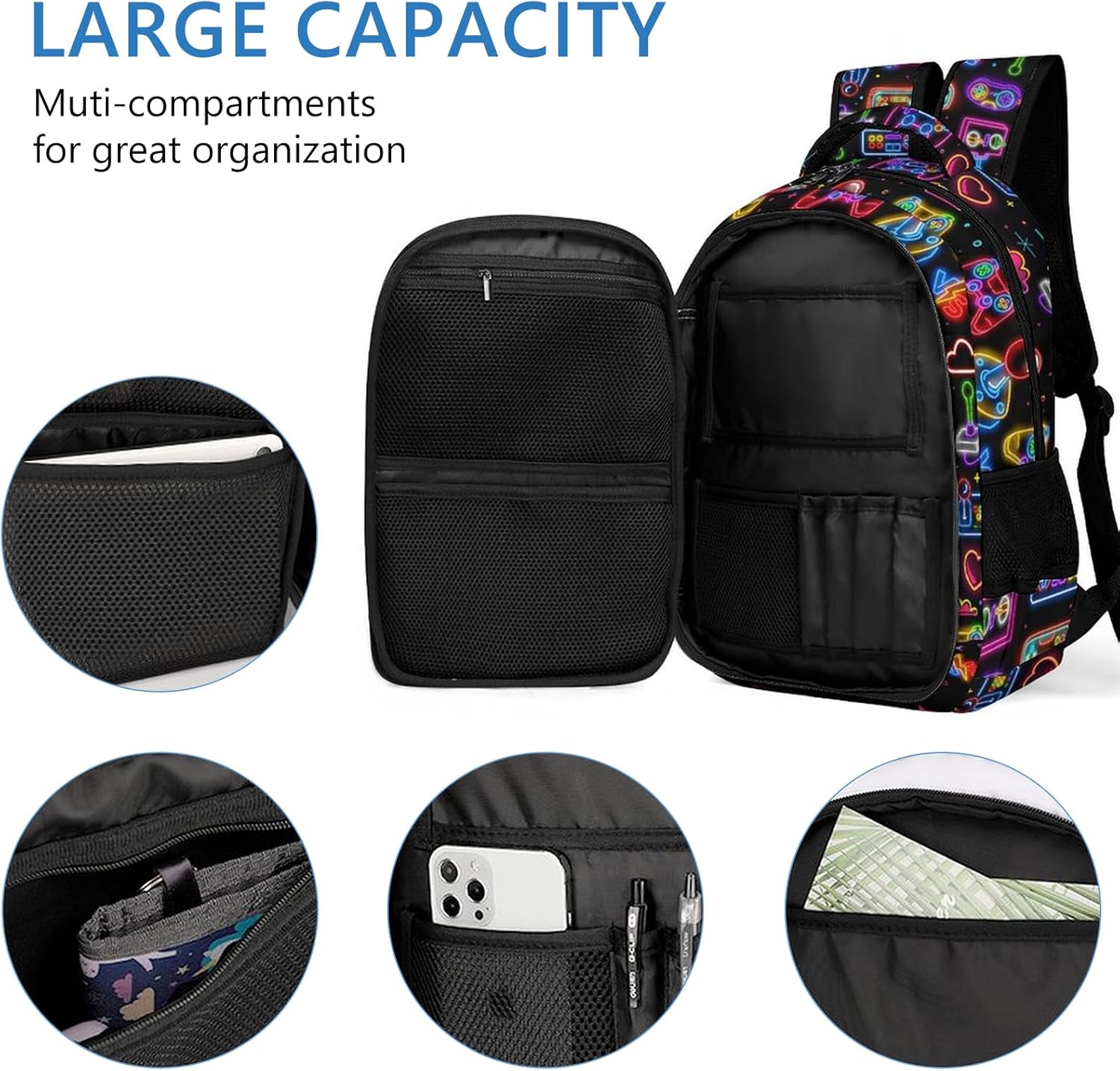 GNEW Backpack for Boys Gamer Backpack, Colorful Neon Game Backpack for Boys, Video Game Backpack, Boys Gaming Backpack, Water Resistant Daypack Travel Backpack for Kids & Teens, 16.5 Inch