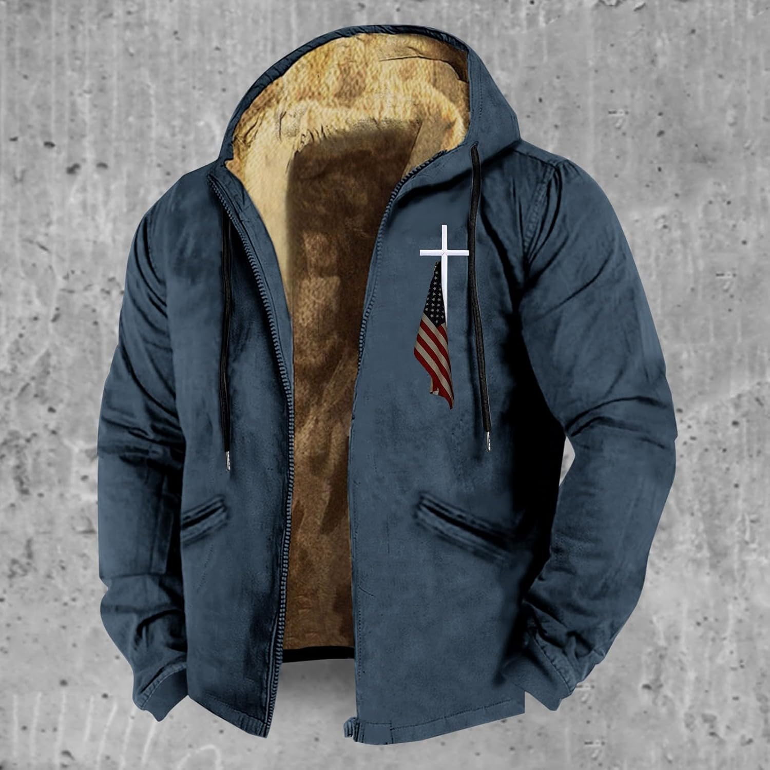 Men Hooded Coat Fleece Lined American Flag Print Zip Casual Sherpa Jacket Thick Thermal Outwear with Pocket Plus Size