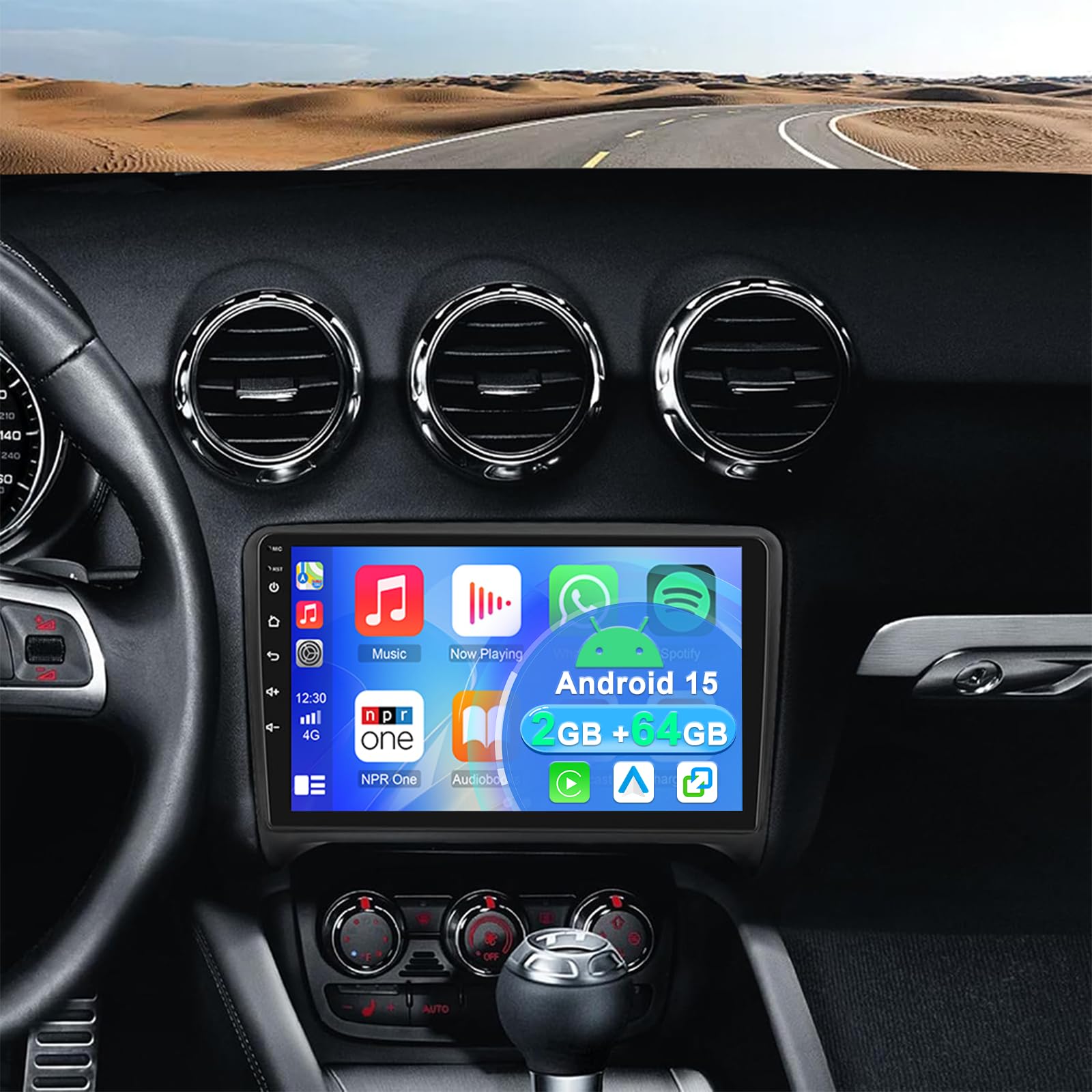 2+64G Android 15 Autoradio Stereo per Audi TT MK2 2006–2014 con Carplay Android Auto, 9 pollici Touch Screen Radio Lettore Multimediale con navigazione GPS Mirror Link FM RDS SWC WiFi Bluetooth