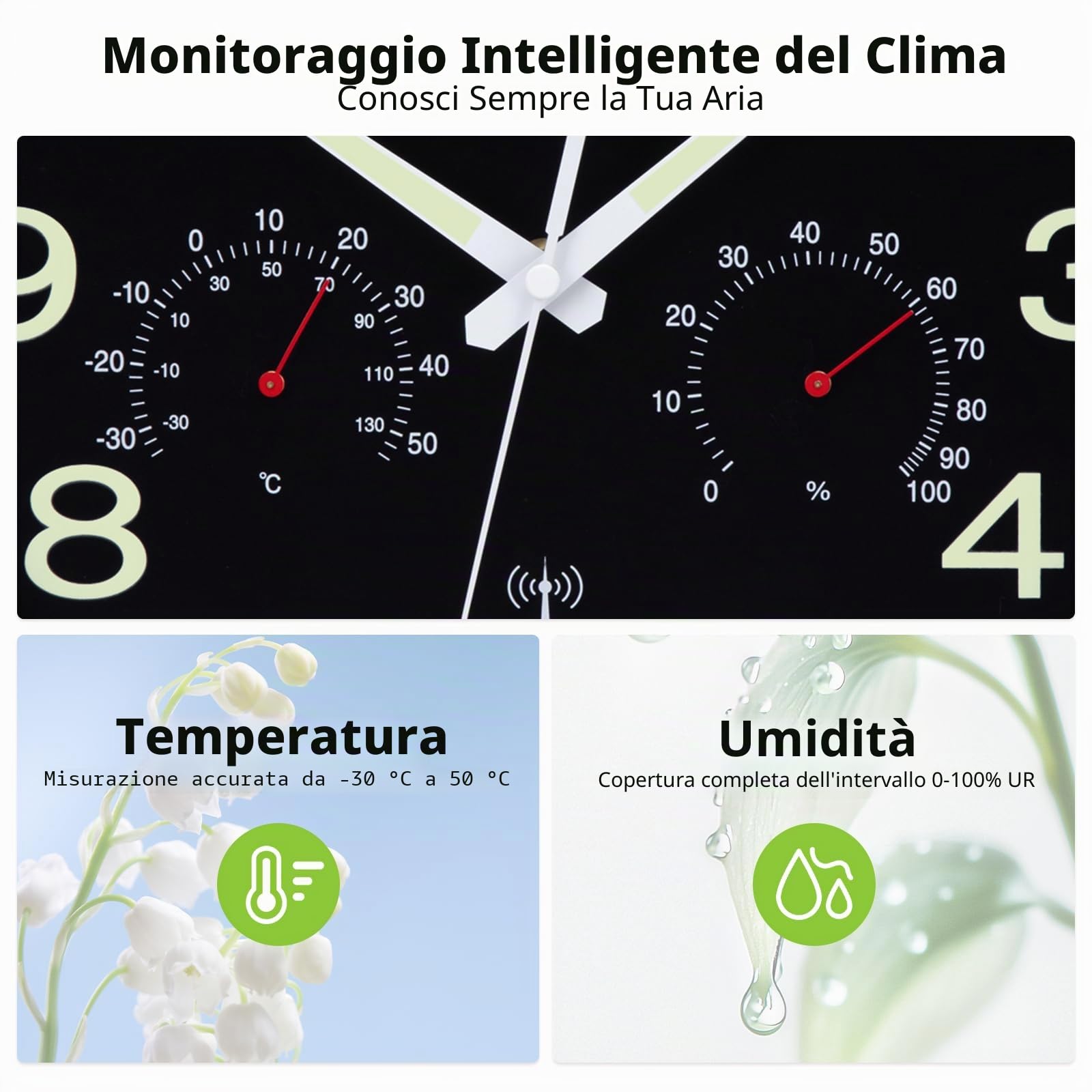 VIVILINEN Orologio da parete radio luminoso con indicatore di temperatura e umidità, orologio da parete senza rumore, moderno, per soggiorno, cucina, camera da letto, ufficio