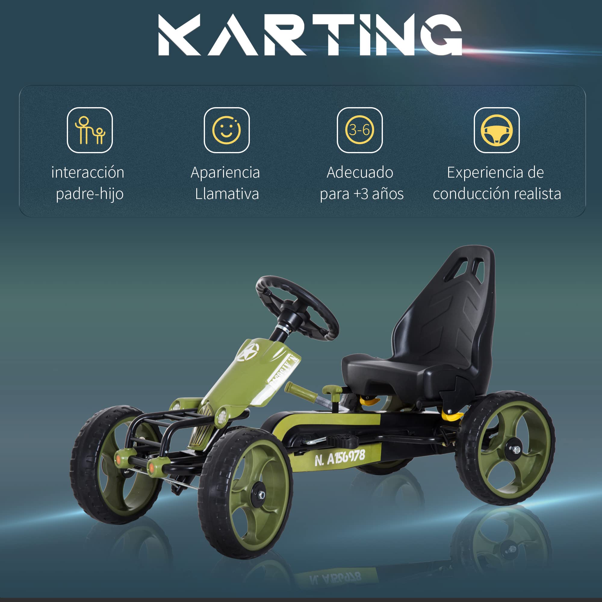 HOMCOM Go-Kart a Pedales para Niños de +3 Años Coche de Pedales con Embrague Freno Asiento Ajustable Carga Máx. 35 kg 105x54x61 cm Verde
