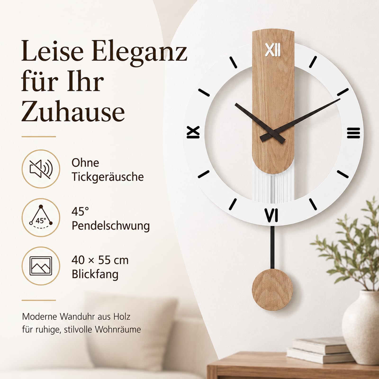 LANMOU Wanduhr Holz mit Pendel, Pendeluhr Moderne Leise Ohne Tickgeräusche | Metallrahmen, weißes Display, Quarzwerk und Innenbereich-Einsatz für Wohn-, Schlaf-, Ess- und Arbeitszimmer