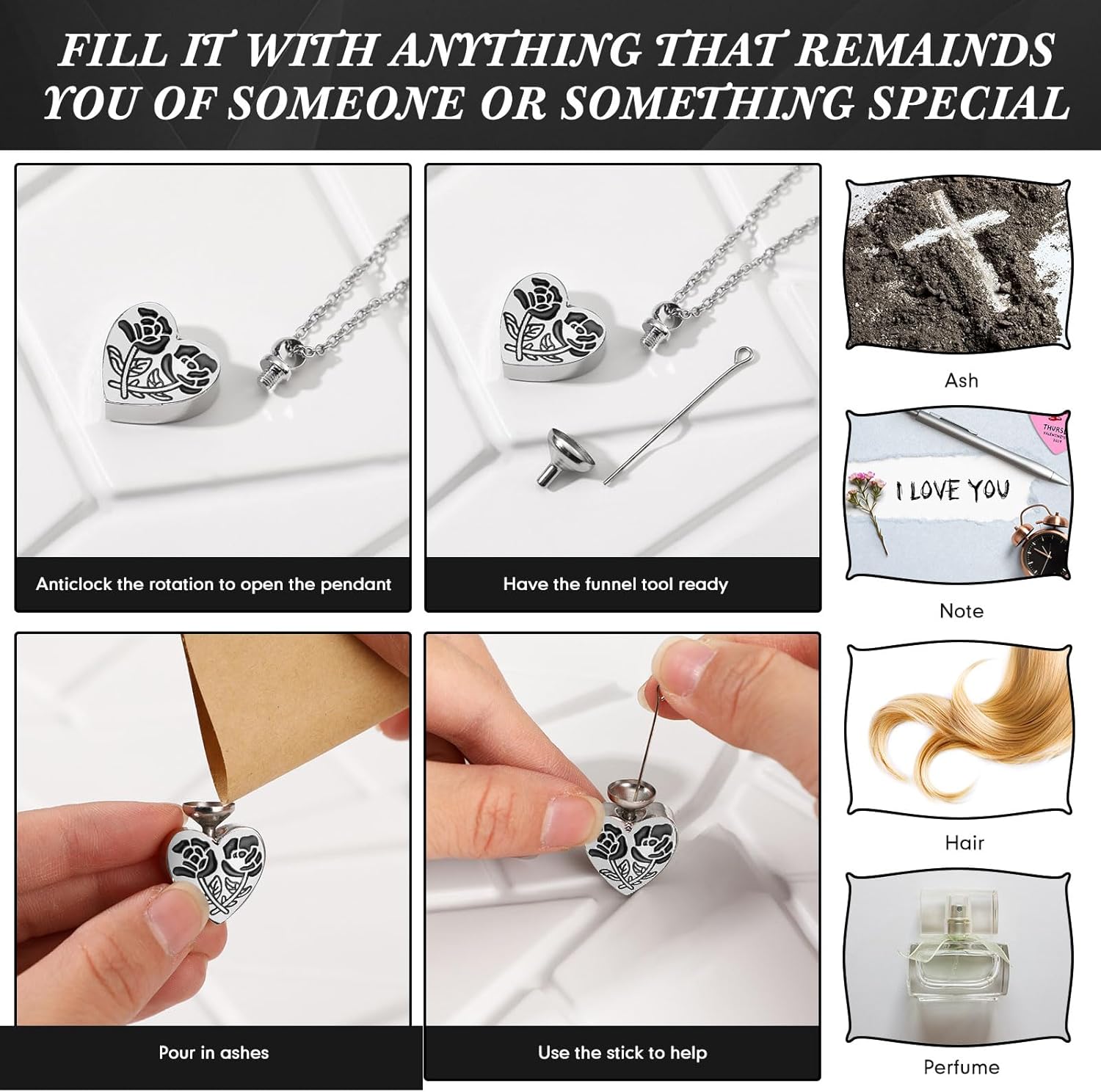 15 Pcs Urn Necklace for Ashes Women Keepsake Cremation Jewelry Stainless Steel Cross Heart Cubic Locket Ashes Necklace for Human Loved One - Image 6