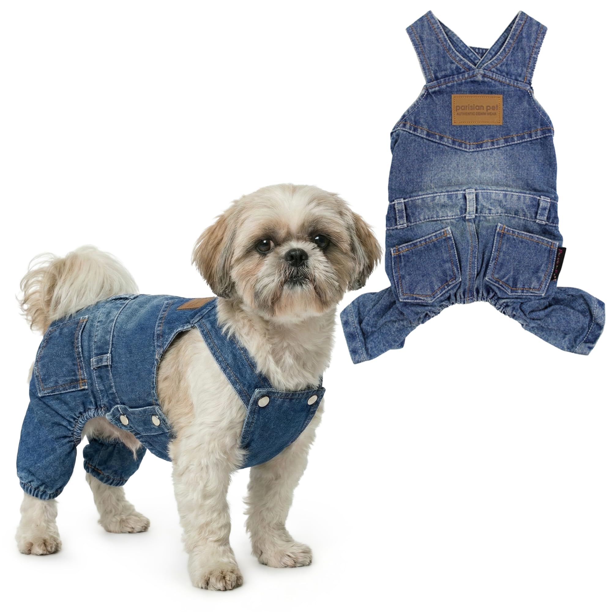 ocean denim dog dress sale Parisian Pet Overalls - Blue Dog Clothes - Breathable Sling Puppy Jumpsuit - Durable and Trendy Overalls for Dogs beaded embellished on top Newman's Own Organics Oil This blue denim dress Color:Rose Golden