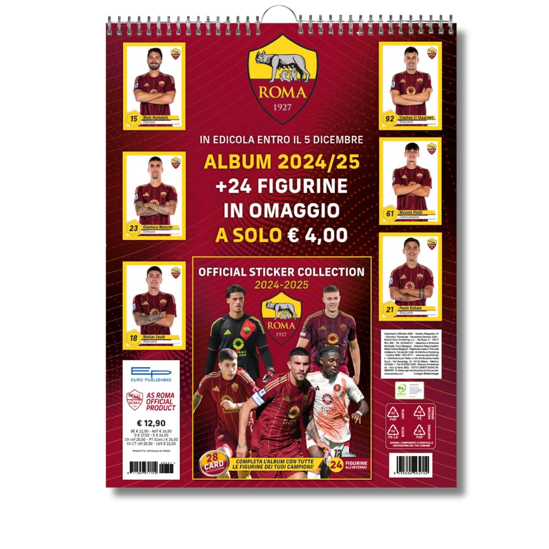 Calendario Roma 2025 + Carte Da Gioco Ufficiali - 29x42 Cm, 2 Mazzi Poker, Prodotto UEFA - Foto 2