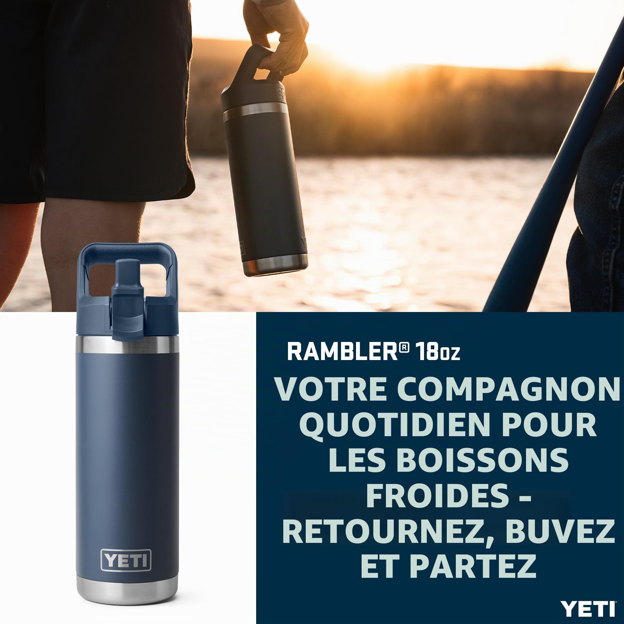YETI Rambler C Straw Bottle, Stainless Steel Vacuum Insulated Bottle with Straw Cap, Navy, 18 oz (532 ml)