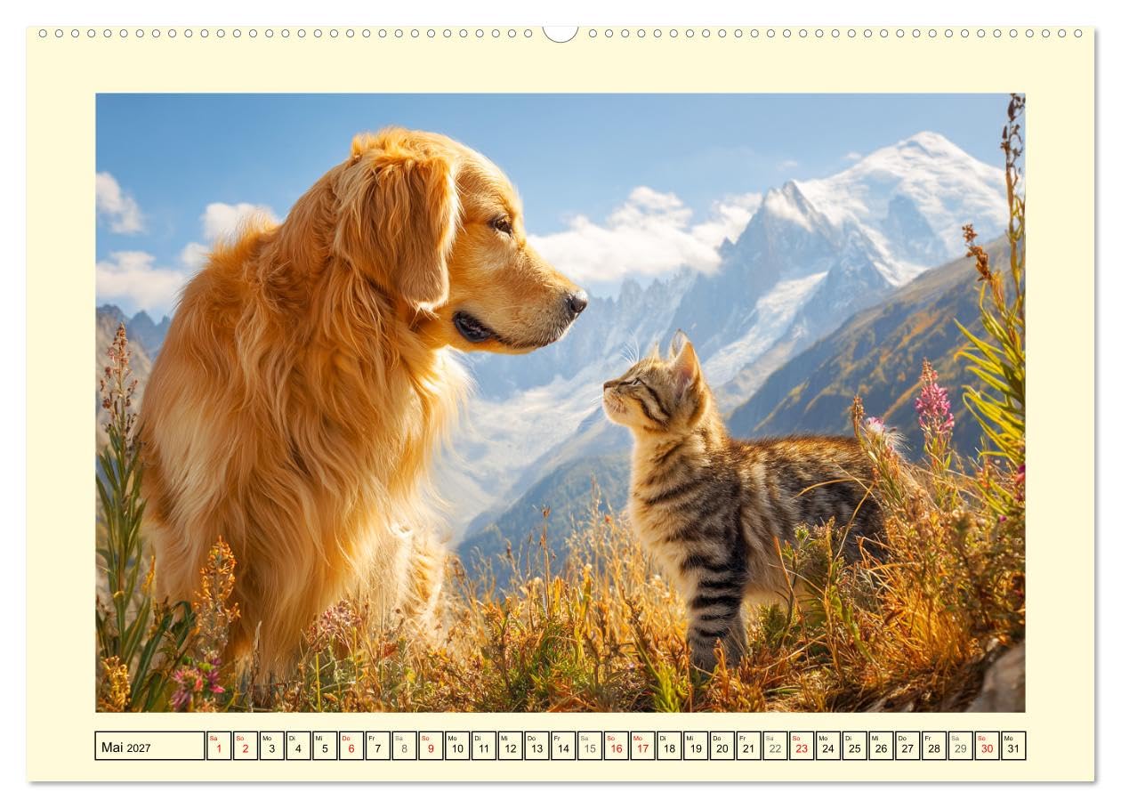 CALVENDO - Golden Retriever. Treue Seelenhunde in der Bergwelt (hochwertiger Premium Wandkalender 2027 DIN A2 quer), Kunstdruck in Hochglanz: Inmitten der majestätischen Alpenkulisse zeigen diese toll