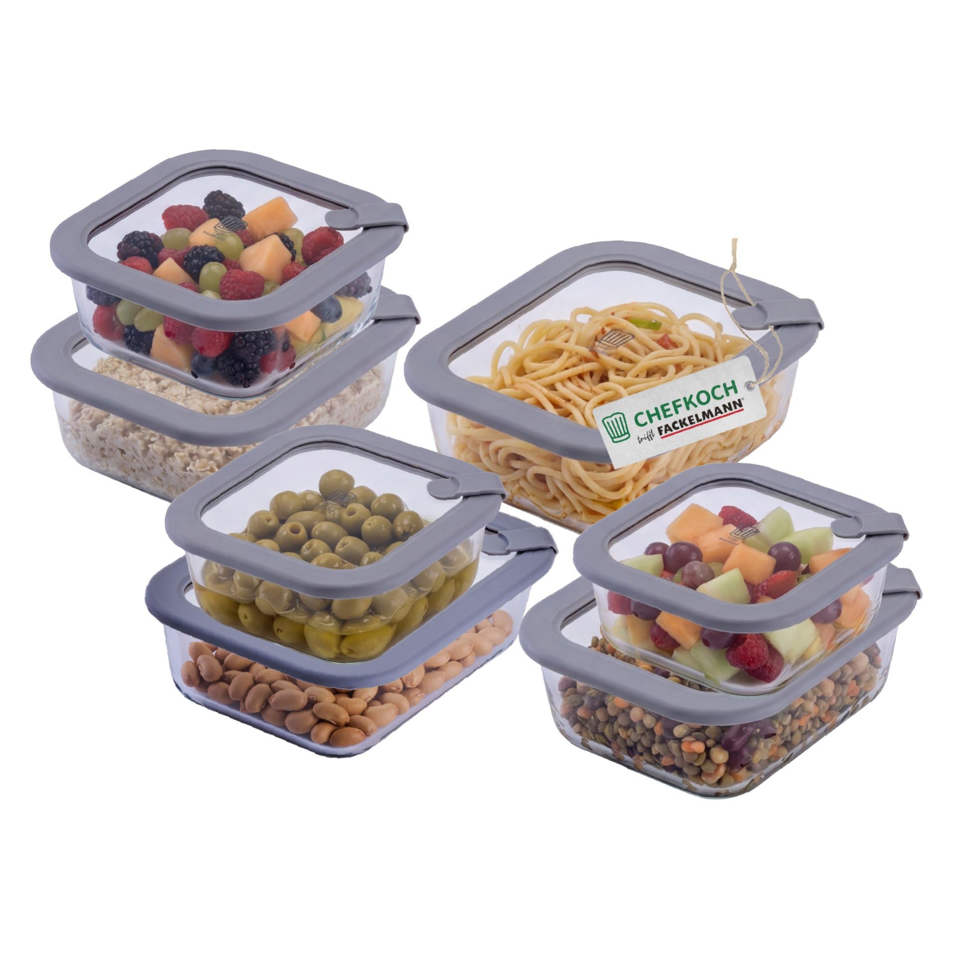 FACKELMANN Chefkoch trifft 7er Set Vorratsdose mit Glasdeckel – 320ml, 370ml, 520ml, 640ml, 800ml, 1050ml, 1520ml, Frischhaltedose aus Glas, mikrowellen-, backofen- und gefrierfest, auslaufsicher