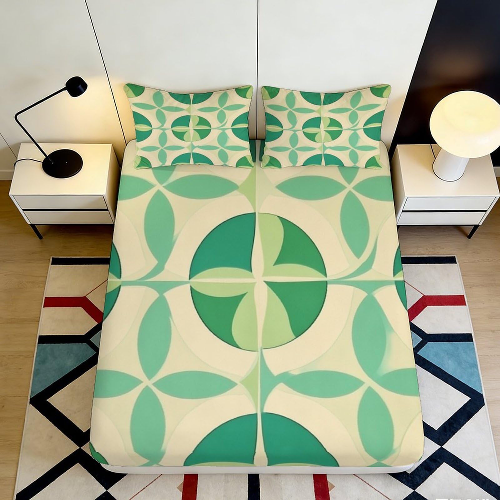 3D Printed Retro Geometric Circles Fitted Sheet Microfiber Soft Breathable Green Art Mattress Cover for Bedroom Decor 90x200x25cm