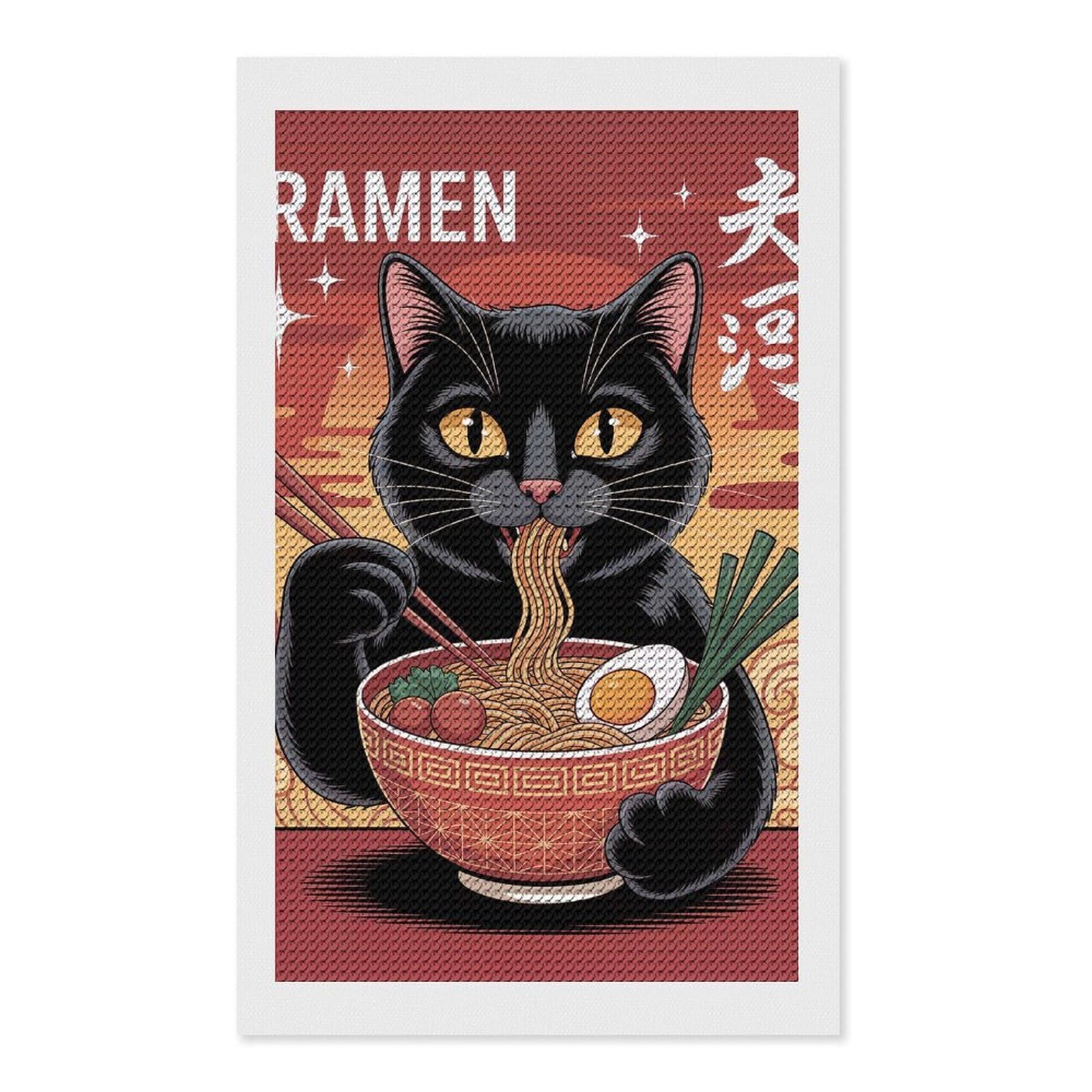 Junmoney Cat Eating Ramen Illustration Round Drill Diamond Painting 12"x20", Satisfying Creative Project, Complete Accessories, Printed Canvas