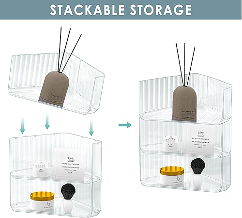 Miniatura 3 de WSIGHT Paquete de 3 organizadores apilables de esquina para encimera de baño, estante de plástico transparente que ahorra espacio para cocina,