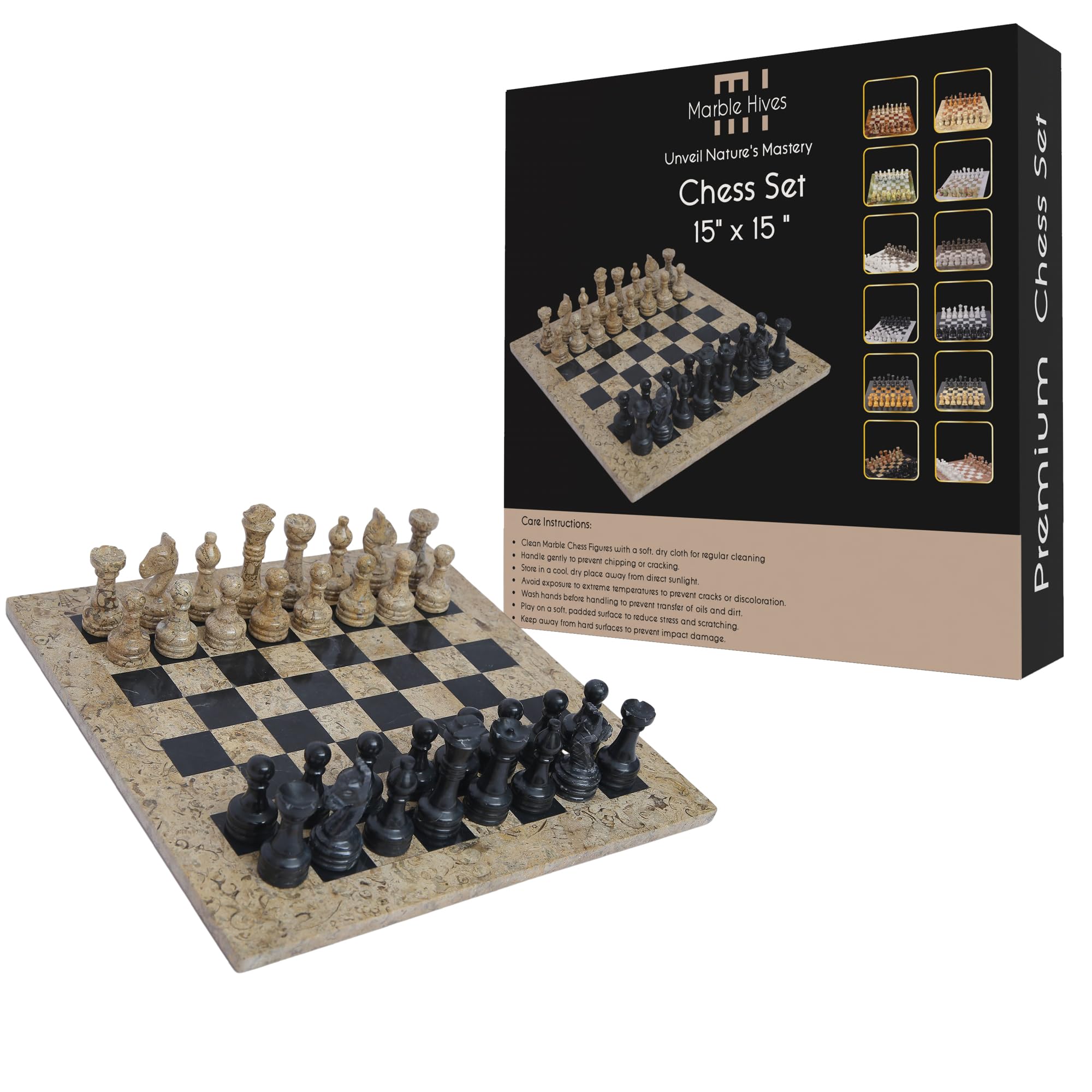 Handmade Marble Chess Set -Chess Sets for Adults - Premium Quality Chess Boards - Fancy Chess Boards (15 x 15 Without Checkers, Coral & Black)