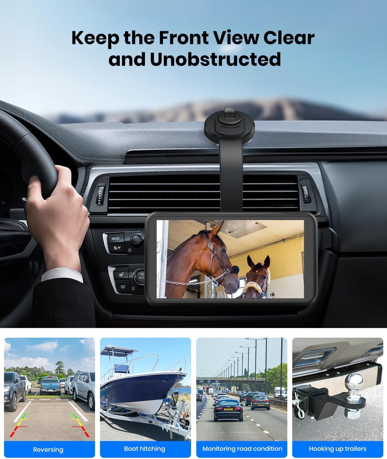 Collage of images showing various use cases for the camera system: reversing into a parking spot, hitching a boat trailer, monitoring road conditions from the front, and hooking up a trailer.