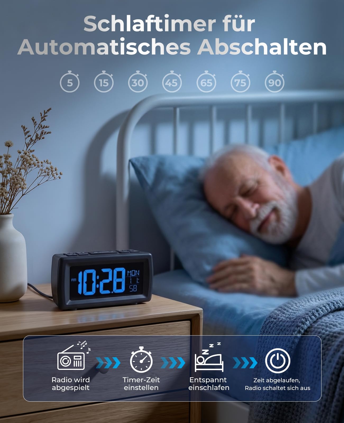 Digitaler Radiowecker, Wecker Radio mit 7-farbige Ziffernanzeige, Einstellbarer Helligkeit und Weckton, Für Tiefschläfer, Sleep Timer & Schlummerfunktion (Schwarz)