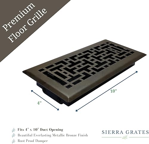 Miniatura 3 de Registro de piso de diseño oriental de 4 x 10 pulgadas en acabado de bronce metálico, cubiertas de ventilación para piso del hogar, cubiertas